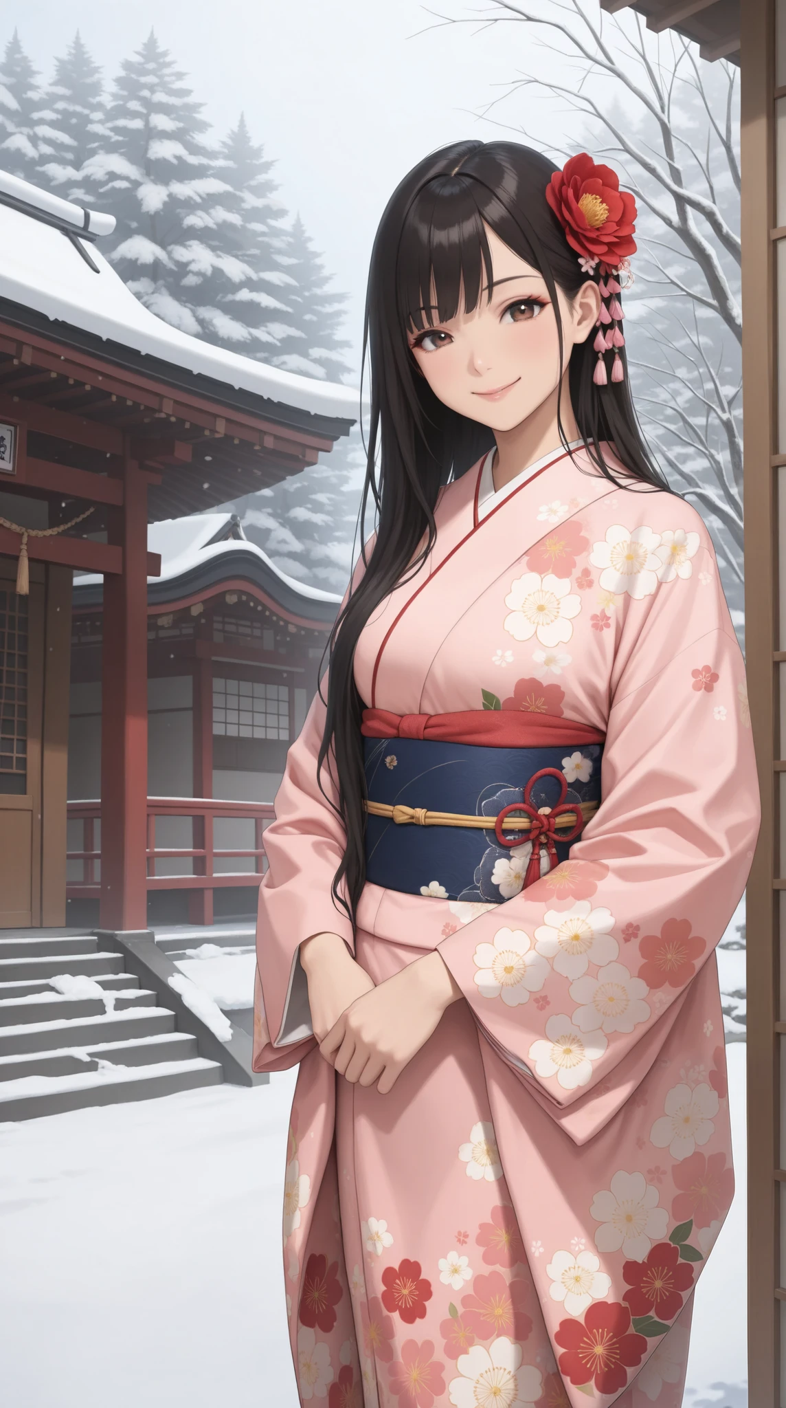 (( best quality )),( super high resolution),( very detailed),( Detailed explanation ),(( best CG )),( Best Works of Art ), Ultra Precision Art, Amazing Painting Art ,( Exact Detailed Art :1.5), woman, gentle gaze, smile, amount, Shiny Super Long Hair, Precise Floral Kimono , Flower blowing snow,