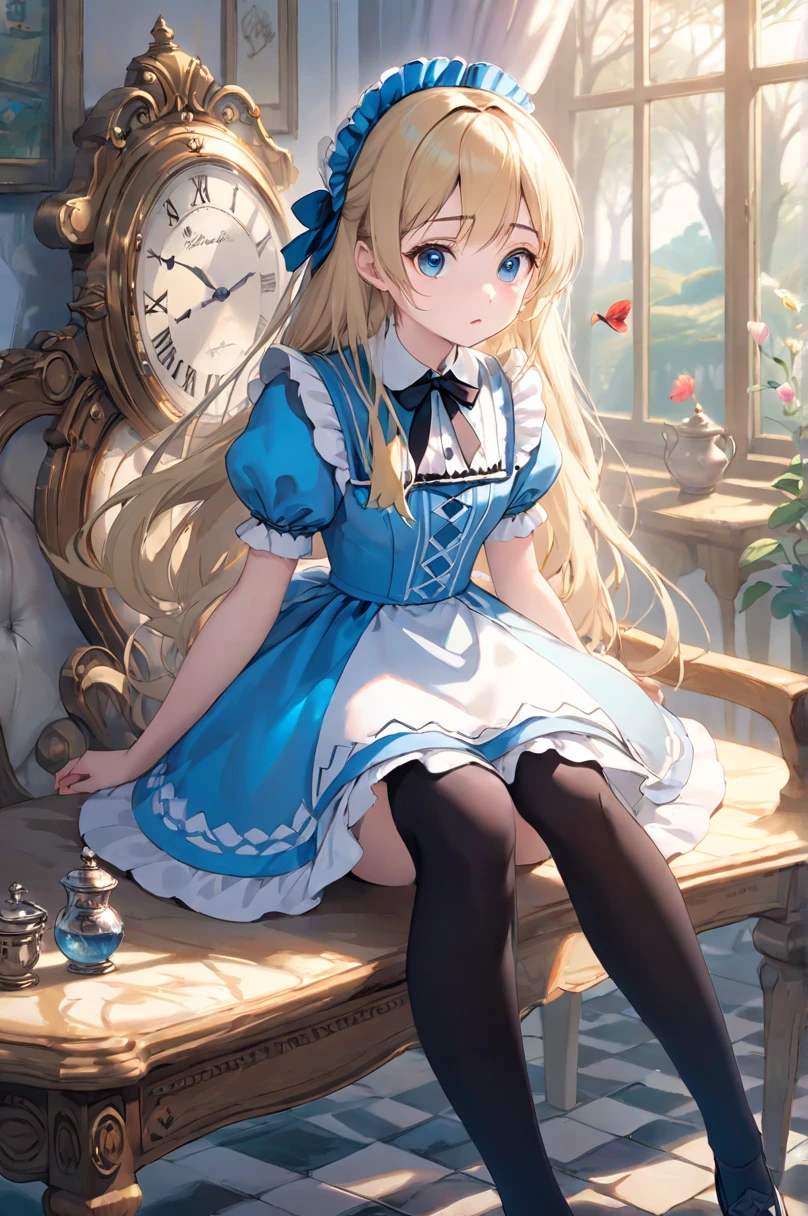 super detailed,(highest quality),((masterpiece)),(High resolution),original,Highly detailed 8K wallpaper,(very delicate and beautiful),
anime,
alice in wonderland,1girl Blonde Straight Hair Serious Stockings Sit Watch ( manga-anime , Gradient by Yumei Victor Ngai),legs spread wide、