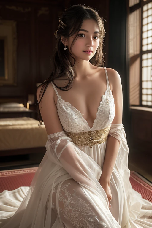 masterpiece、highest quality、figure、 Very detailed、The finer details、 High resolution、8K Dende Wallpaper、Perfect dynamic composition、A slim, pretty, white 14-year-old girl、Beautiful face in every detail、Detailed and cute eyes、Textured skin、A modest smile、Shortcuts、Small breasts、traditional clothing、Beautiful breast gap、Bare buttocks、Bare legs、Shooting from the front