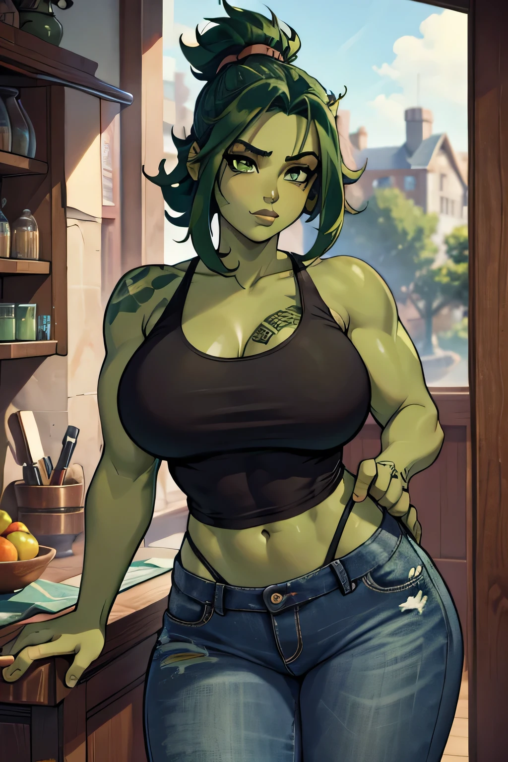 4k, muscle female chubby, bulk, goblin tomboy, posing in front of mountain cave entrance, outside, sunset, brash, wide waist, confident, light green skin, green eyes, shoulder length messy green hair, v arms, very big breasts, happy, battle face, showing off, topless, squeezing breasts together, worn loin cloth, scars, fur arm bracelets, red tattoos, face tattoo, sharp teeth, 1girl, solo, big grin, horny, seductive, nsfw