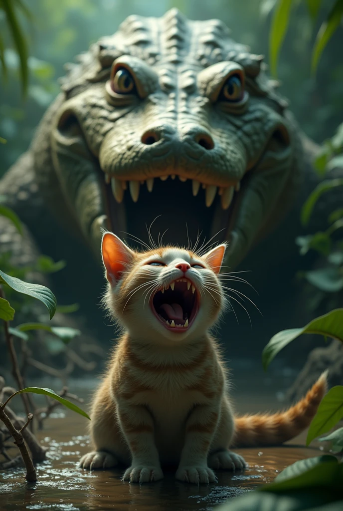 Cat crying because of Crocodile
