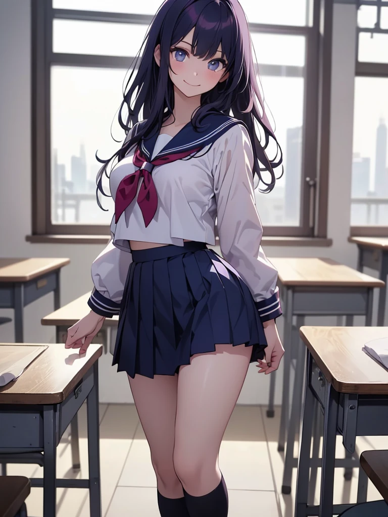 1girll, sitting on the classroom desk, Classroom, Purple colored hair,Blowing hair, Long hair, Purple eye,Star eyes,Sparkling eyes,Shining eyes,Detailed eyes,Skirt, Solo, upper legs, Sailor school uniform, navel, Pleated skirt, midriff, Blue eyes, White shirt, Collar, Smile, Medium breasts, view the viewer, Open mouth,,Large breasts,