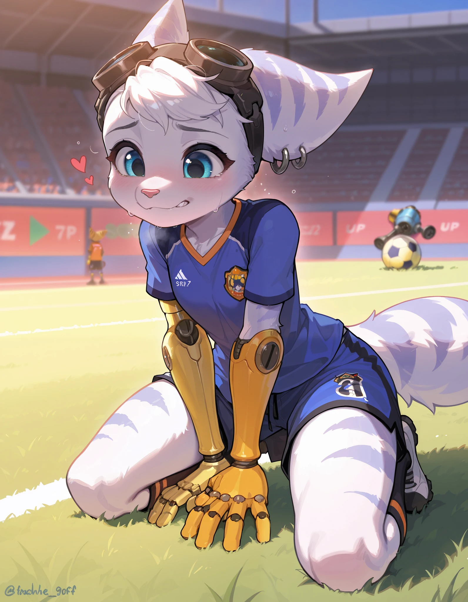 masterpiece, best quality, amazing quality, very aesthetic, absurdres, newest, rivet_ratchet_and_clank, anthro, female, loose nylon soccer shorts, loose nylon soccer jersey, sports shoues