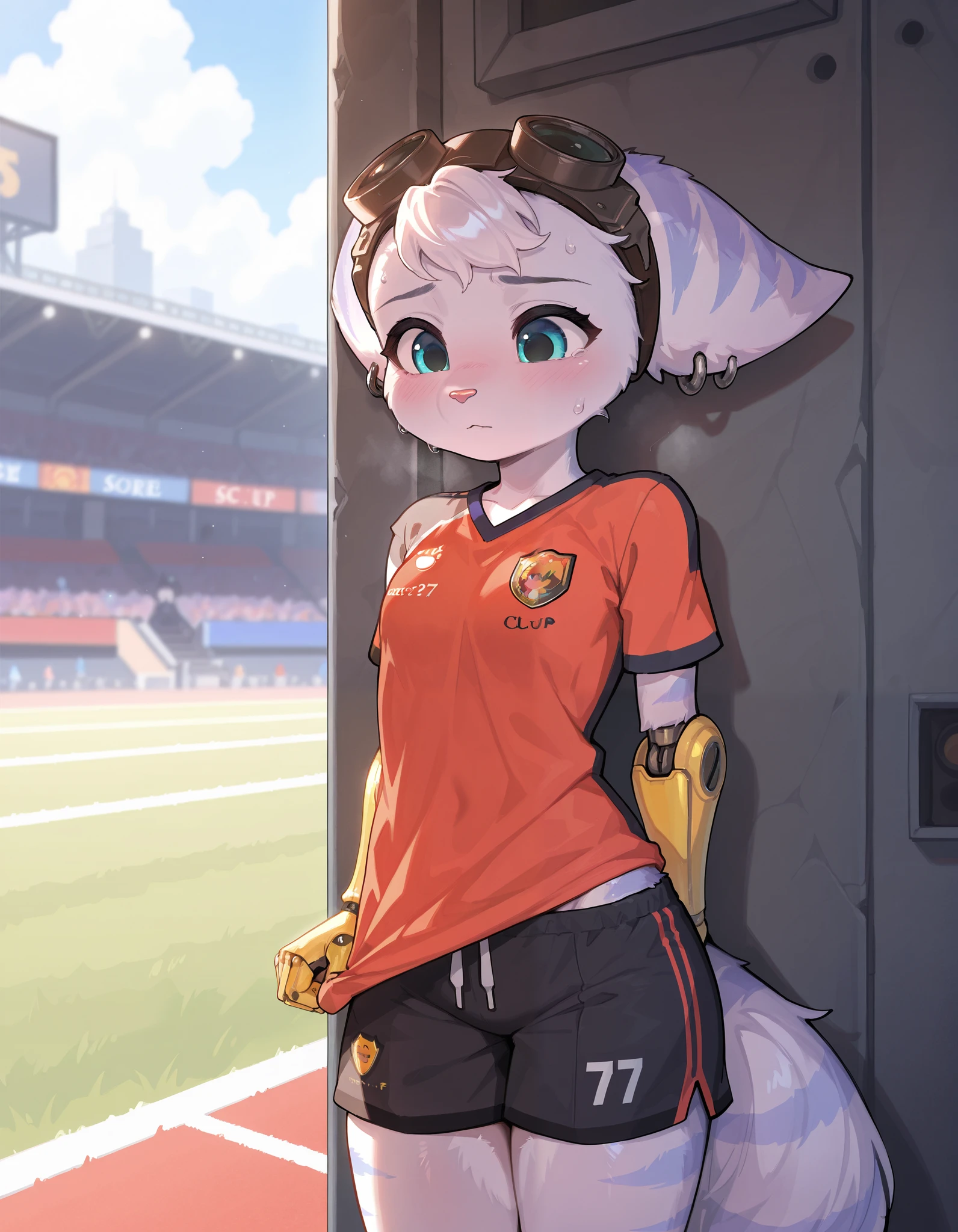 masterpiece, best quality, amazing quality, very aesthetic, absurdres, newest, rivet_ratchet_and_clank, anthro, female, loose nylon soccer shorts, loose nylon soccer jersey, sports shoues