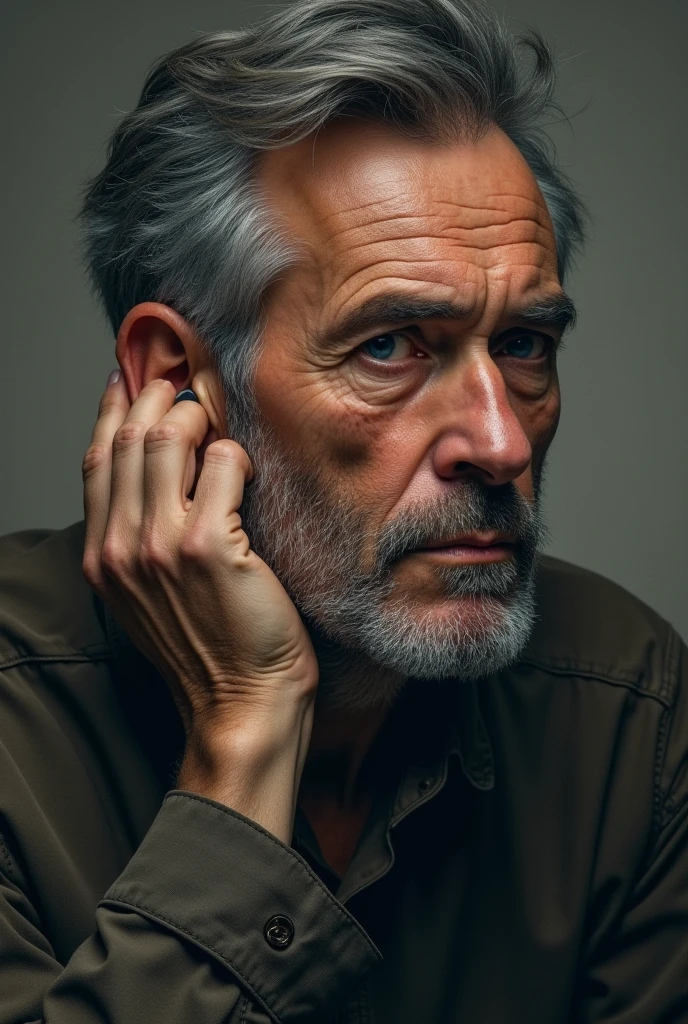 "Create an image of an old man with the appearance of Jesus Christ, with short hair, barba, and a serious expression. He must have his arm raised pointing his finger directly at the camera. Use natural and soft tones, focusing on the face and pointing hand to create a deep emotional impact.