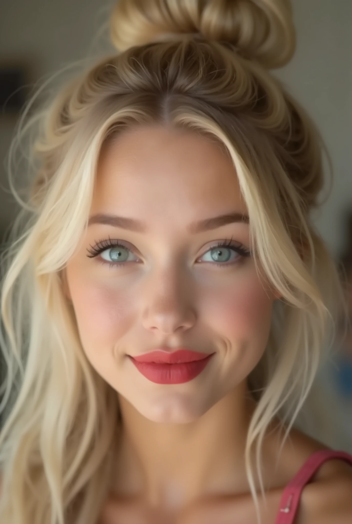 portrait,  smiles, all hair is in a bun ,  realistic image  , Realistic Realistic photo of a girl with a perfect hairstyle ,   blonde ,  bun hair , hair doesn't lie on the face,  kneeling on the floor in front  , 4K, Darling,without tattoos ,  very pretty face , the golden ratio on the face, beautiful girl