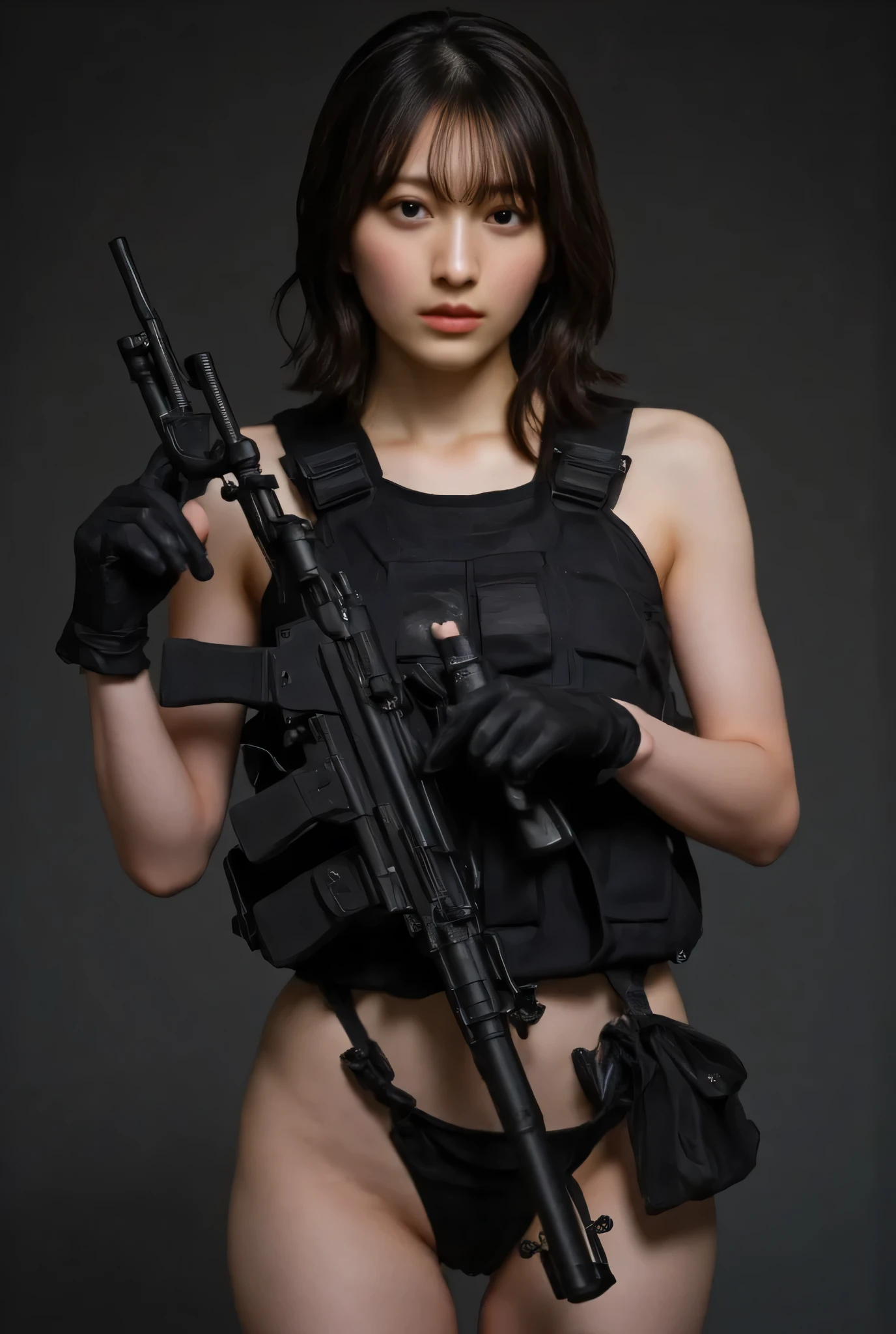 ((The dark background inside the base in the near future:2.0),(( cyberpunk vibe :1.5)),( blurry background:1.5),((whole body:2.0)),(((futuristic SWAT troop style black military vest:2.0))),((Perfect Naked:1.5)),(( Wearing a Military Vest on Naked :1.9)),((ear monitor:1.5)),(((Tactical Holster:1.5))),( gloves:1.5),( one woman), cute face,Beautiful well-balanced face ,( 20 year old Japanese woman), ( Glamorous Shots of Japanese Women ),( Slender Beautiful Body :1.5),( model body type),Slim body,(( big breasts:1.5)),( Accurate Depiction of Natural Nipples ),(firm nipples ),(((Bare thighs:1.8))),((Voluptuous thighs:1.5)),( delicate body:2.0),((Very sensual:1.5)),((Hold up a futuristic laser rifle:2.0)),(( perfect body line)),(( Ideal Proportions )),(((I can't wear panties:2.0))),(((( lower body nude:1.5)))), realistic skin texture,( natural big breasted :1.5),( black hair:1.5),( beautiful eyes:1.3),(( Shrimp:1.5)),A harmonious posture,(((masterpiece:2.0))),( best quality :1.5),( high resolution:1.5),(UHD:1.5),( movie lights:1.5),( Delicate Depiction),((( Carefully Depict Limbs Based on Perfect Anatomy:2.0)),(  carefully drawn with butterfly wings ))),32K,  Polo, ULTRA DETAILS,((超 high resolution)), Draw eyelashes carefully, ( very detailed face:1.5),((Highly detailed female hand:1.8)),(Sexy appearance:1.5), concept art
