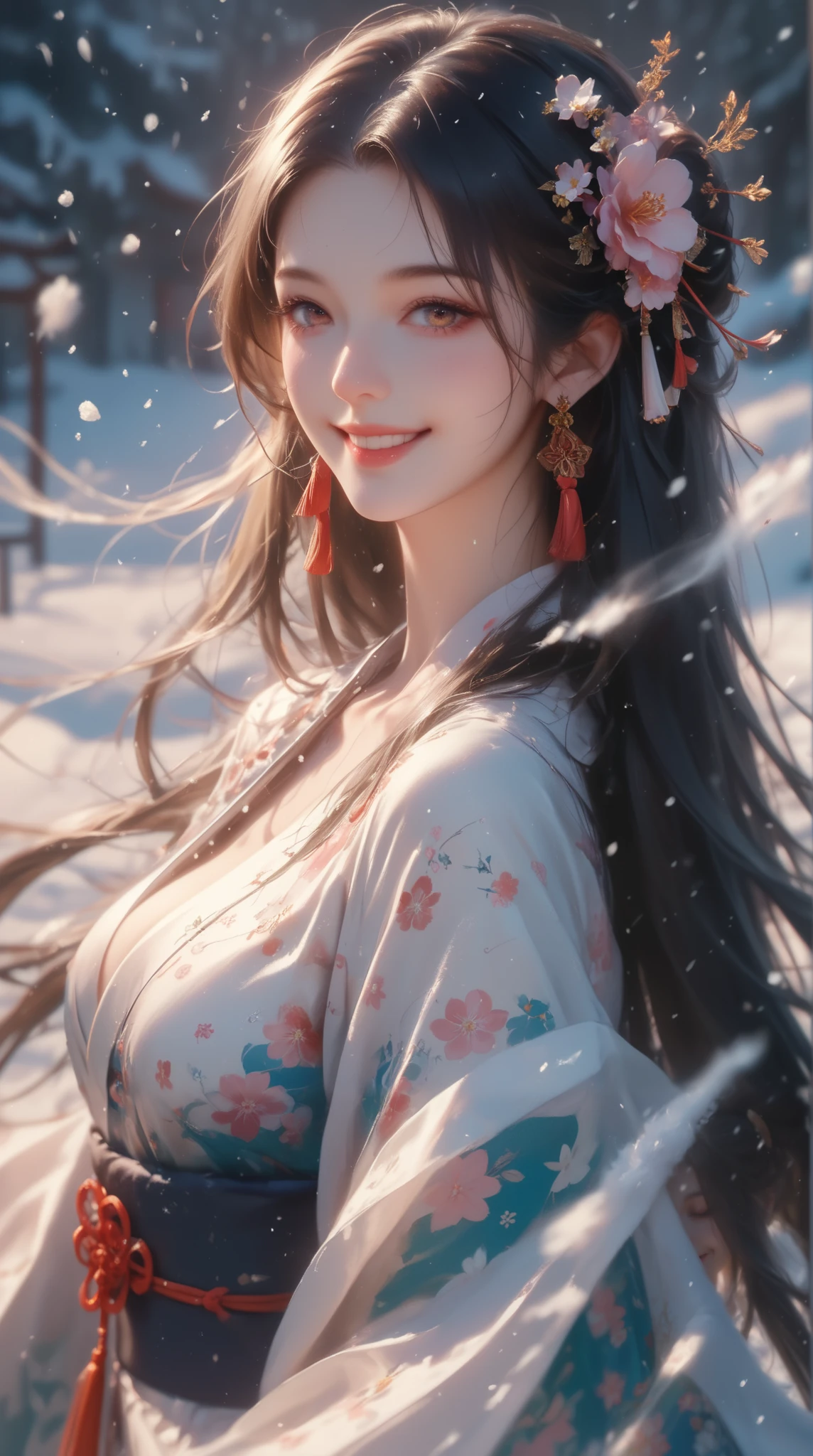 (masutepiece:1.3, Photorealsitic:1.4, 8K), top-quality, ​masterpiece, 超A high resolution, Perfect dynamic composition, Highly detailed skin and facial texture:1.3, A detailed eye, Detailed limbs, Night precincts in snowy country:1.2, 1girl in, Cute sexy 22 year old slim woman, Fair skin, ((Natural smile:0.9, Totally captivates you:1.0)), ((accurate shrine maiden costume)), ((voluptuous breasts:0.9)), (Facing the front, randome pose), (Beautiful blue eyes, Eyes that feel beautiful eros:0.85), Sexy face:0.4, (A mouthfeel that feels beautiful eros:0.85), ((Too cute beauty:0.9)), NSFW, No bra, Erotic, sexual
