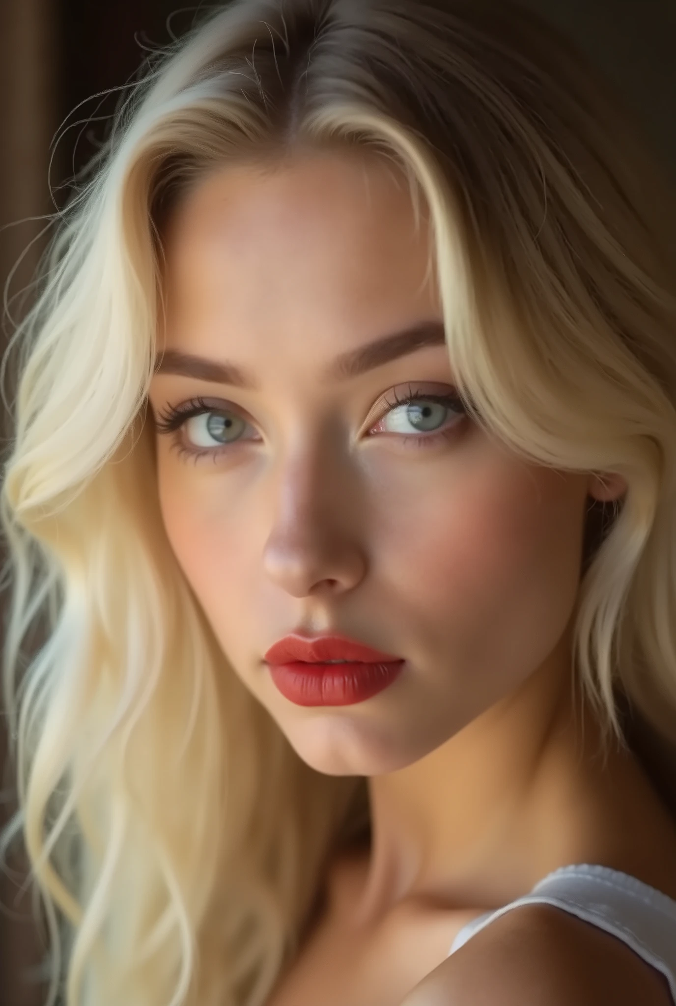portrait strictly in profile ,  Realistic image strictly in profile on the left side, Realistic Realistic photo of a girl with a perfect hairstyle , face in profile on the left side ,  blonde ,  kneeling on the floor in front  , 4K, Darling,without tattoos ,  very pretty face , the golden ratio on the face, beautiful girl