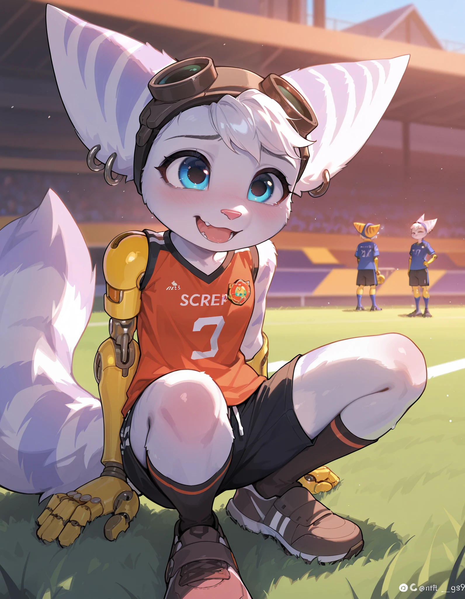 masterpiece, best quality, amazing quality, very aesthetic, absurdres, newest, rivet_ratchet_and_clank, anthro, female, loose nylon soccer shorts, loose nylon soccer jersey, sports shoues
