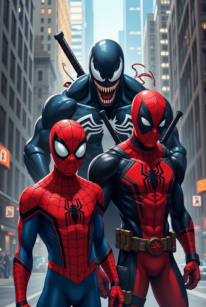 Create a comic style image of Ultimate Spiderman along with Superior Spiderman and Kaine Spiderman as close to the comic as possible all three together please