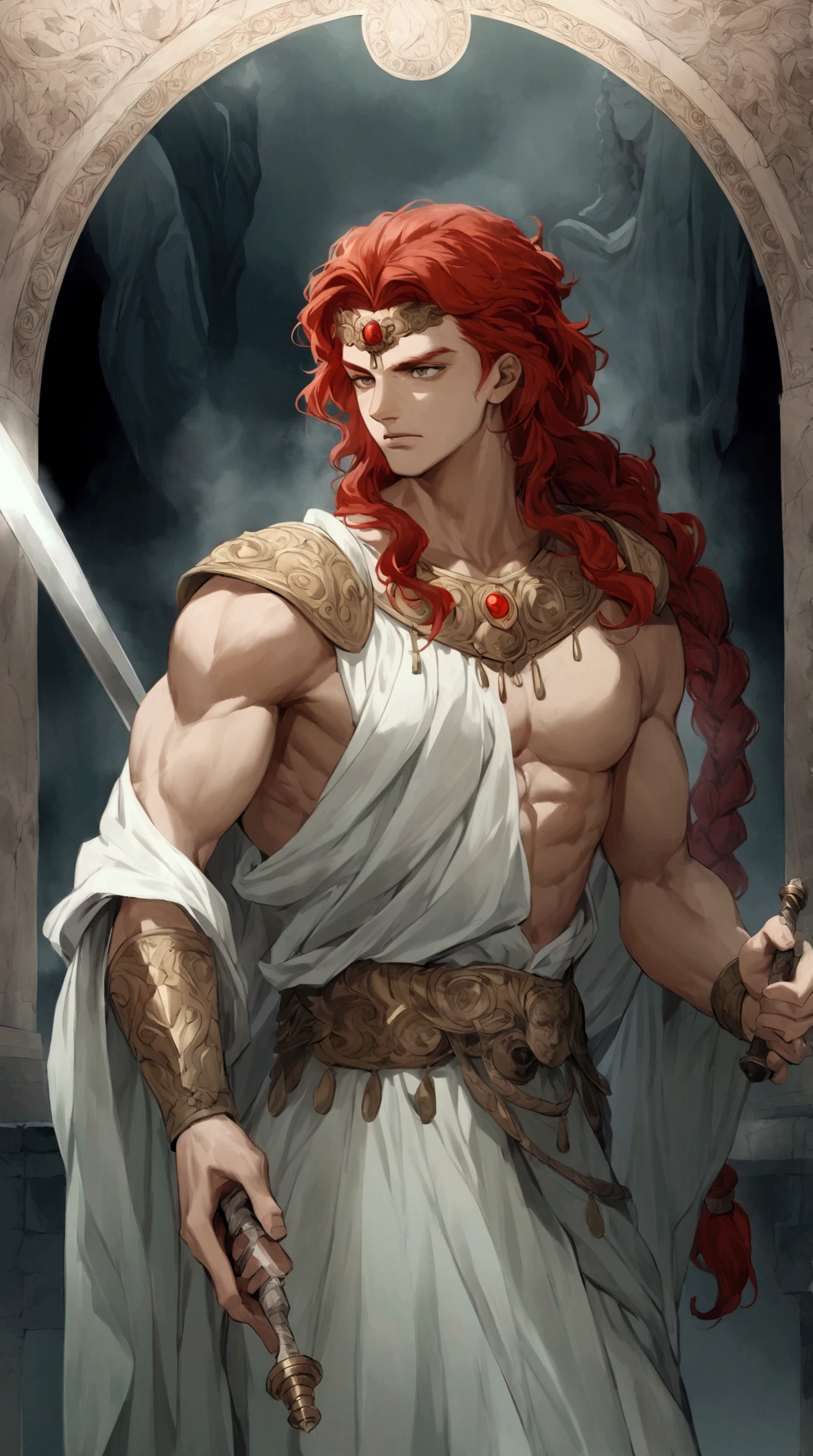 A demon male with long thick length, scarlet flame red hair , pony tail with curtain bangs, gold shiny eyes , masculine handsome face, big masculine body, Arabic features, white fair skin , wide thin lips . Scenery is stary desert night. He is shirtless and wearing red sari and white milky Arabian pants ,