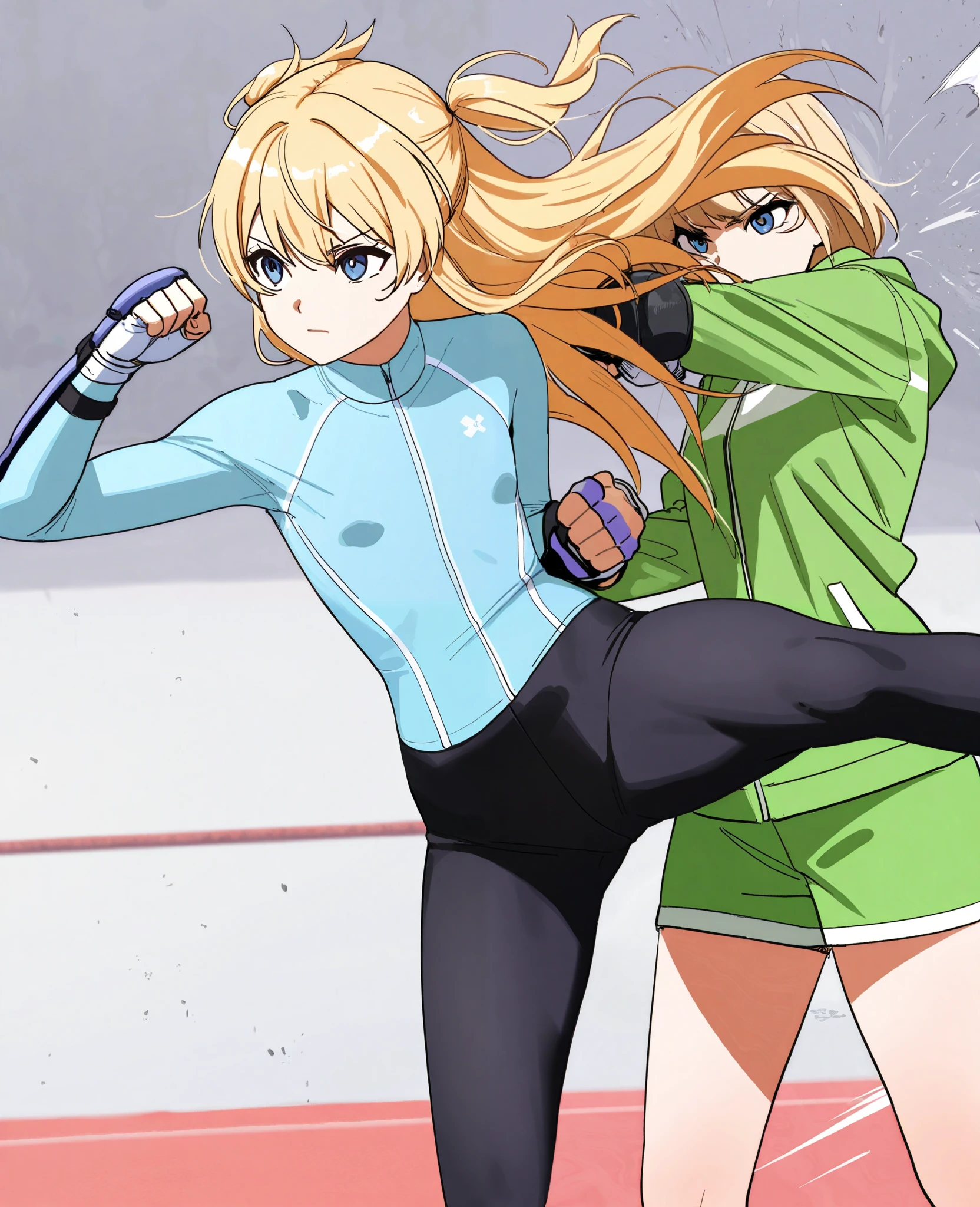 Japanese Women,( female 1: 1.4), Long Golden Hair,Two side hair, light blue rash guard , green windbreaker, Black Leggings, (blue eyes), flat chest,Dairy-free, standing picture , cowboy shot,Handguard, fighting pose, punching , dynamic composition