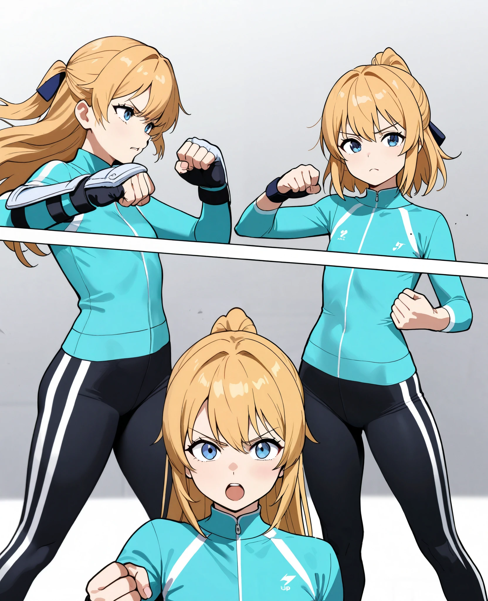 Japanese Women,( female 1: 1.4), Long Golden Hair,Two side hair, light blue rash guard ,green sports hoodie, Black Leggings, (blue eyes), flat chest,Dairy-free, standing picture , cowboy shot,Handguard, fighting pose, punching , dynamic composition,Brave expression