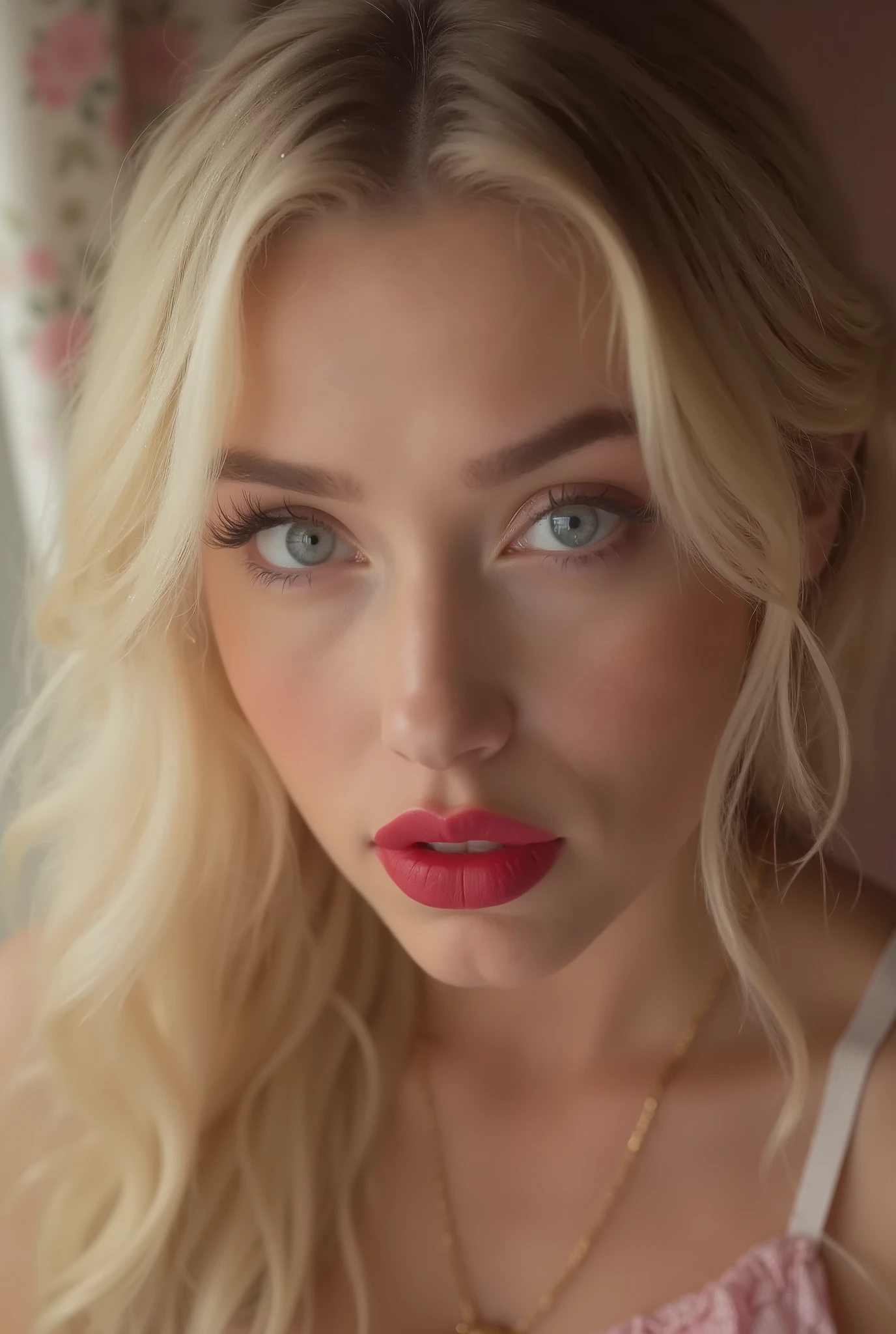 1 girl , sexy , blonde , beautiful лицо, gorgeous , beautiful, lovely , lovely личико, breast size 4, wide hips, narrow waist , Body parts, blonde hair, blue eyes , full and shiny lips , big lips, thick lips, half-open lips, light pink lip gloss , a mask, narrow hips, miniature body, skinny girl, flat chest, thin figure ends (height 140 cm), big head , innocent look, young face, long pink nails, necklace, high quality legs and heels , large hoop earrings, pink plaid skirt , off-shoulder white tank top , white tight stockings , clothed stockings , black patent leather high-heeled shoes, Sweaty, sitting in the bedroom under candlelight and soft warm light . Room colors - pink and white , perfect eyes , очень detailed eyes , beautiful and expressive , detailed eyes , 35mm photo , Movie, hips, professional , 4K, Highly detailed dynamic lighting , photorealistic, 8k, RAW, rico, complicated details, topless, breast size 4, wide hips, narrow waist