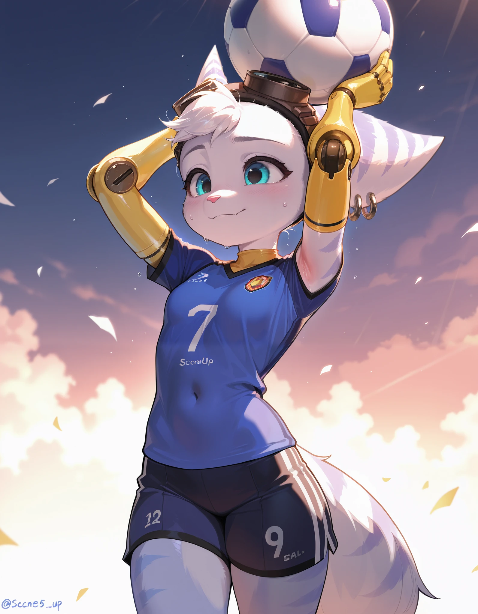 masterpiece, best quality, amazing quality, very aesthetic, absurdres, newest, rivet_ratchet_and_clank, anthro, female, nylon soccer shorts, nylon soccer jersey, sports shoues