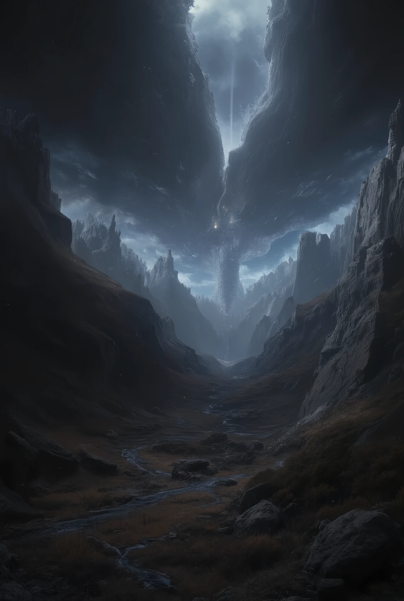 , (8k, top quality, Masterpiece , Final Fantasy Style: 1.2), ( realistic , photo realistic : 1.37), super detailed, ,Dreamy,A surreal mixed fantasy world,Combination of realistic and fantastical elements , magical effects , Sky, universe, Void Crack , I can see a completely dark space at the end of the crack, Odorous Space