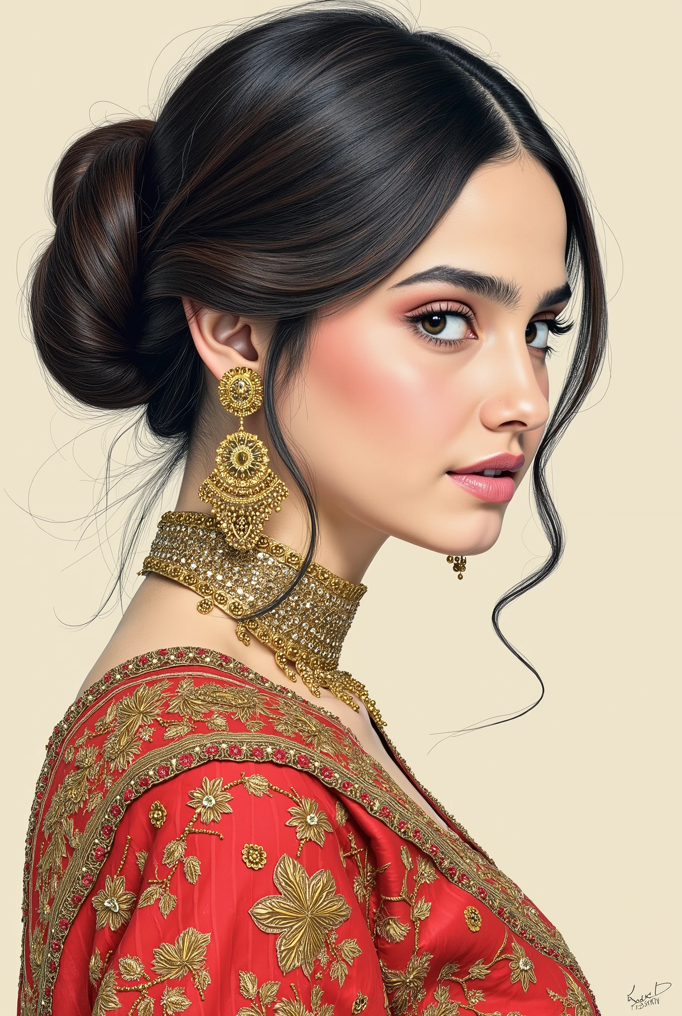 Haute couture fashion illustration, extreme close up shot, of high fashion intricated embroidery sari, dinamic pose || in the style of Jason Brooks, ||, tonal transitions, high-energy, detailed, iconic, minimalistic, concept art, intricate detail, calligraphic lines, pencil drawing, illustrative art, soft lighting, detailed, more Flowing rhythm, elegant, low contrast, add soft blur with thin line, World character design, high-energy, detailed, minimalistic, concept art, in style of Soleil Ignacio, Megan Hess, Kerrie Hess, Masterpiece, Fashion Illustration, style,retro ink, glide_fashion, monkren, aw0k euphoric style, oil painting,vapor_graphic, intricate detail, aesthetic portrait, comic book,artistic oil painting stick,charcoal \(medium\),ebonygold,masterpiece