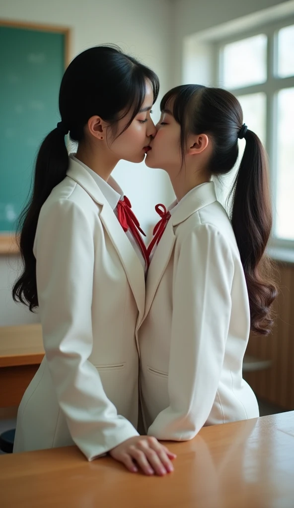 Women teacher and girl student, sexy outfit, kiss other