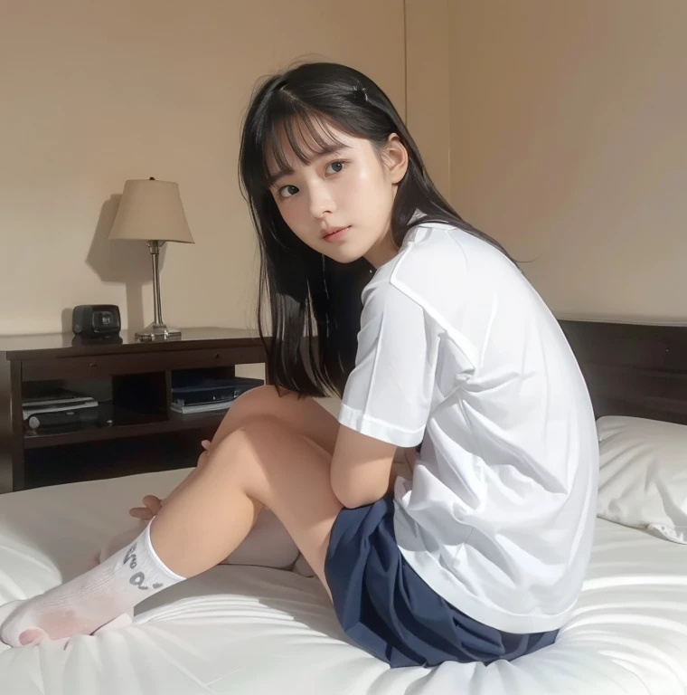 A 14-year-old Asian woman,vests,short skirt,Very long legs,The reveal panties,Barefoot,Lie down in bed