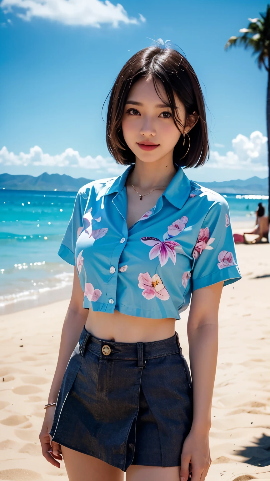 Highest qualityのリアル, Official Art, Highly detailed CG Unity 8k wallpaper,(masterpiece:1.3), (8k, Realistic, RAW Photos, Highest quality: 1.4), (1 girl), Pretty face, (Realistic Face), (Black Hair, Medium Hair:1.3), Beautiful hairstyle, Realistic eyes, Fine grain, (Realistic Skin), Beautiful Skin, (Breast Top), absurdes, Charm, Ultra-high definition resolution, Surreal Golden Ratio, Very detailed, Upper Body, Japanese Idols,(Aloha shirt and floral mini skirt:1.3),BREAK,nice lol,(Heart Necklace),(Triangle Earrings),BREAK, (Gentle smile like a goddess),(Standing on the white sand of Waikiki Beach with Diamond Head in the background:1.2),Standing position, The hem of her aloha shirt flutters in the wind、Perfect Fingers、5本の指、