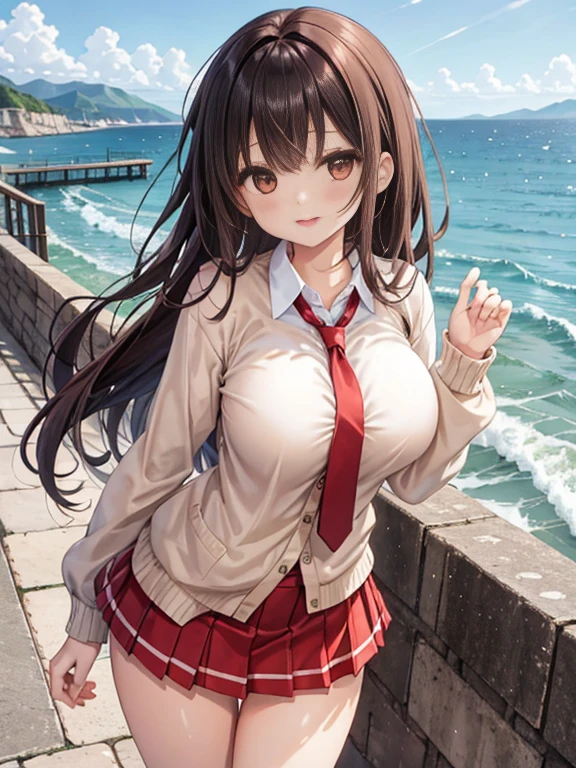 (masterpiece, best quality:1.2), 1girl, solo,yunyun, braid, huge breasts, brown hair, twintails, red eyes, white shirt, collared shirt, skirt
