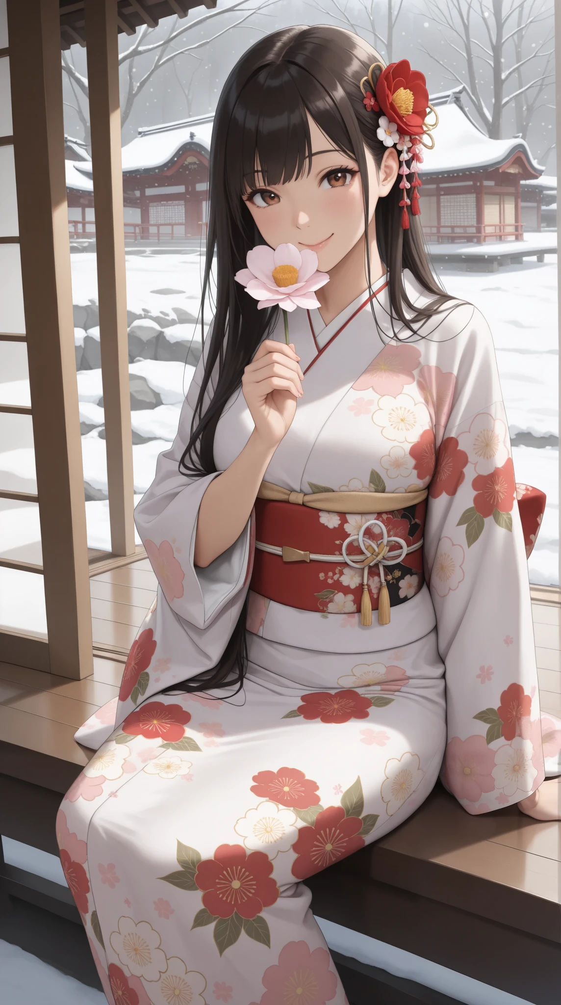 (( best quality )),( super high resolution),( very detailed),( Detailed explanation ),(( best CG )),( Best Works of Art ), Ultra Precision Art, Amazing Painting Art ,( Exact Detailed Art :1.5), woman, gentle gaze, smile, amount, Shiny Super Long Hair, Precise Floral Kimono , Flower blowing snow,