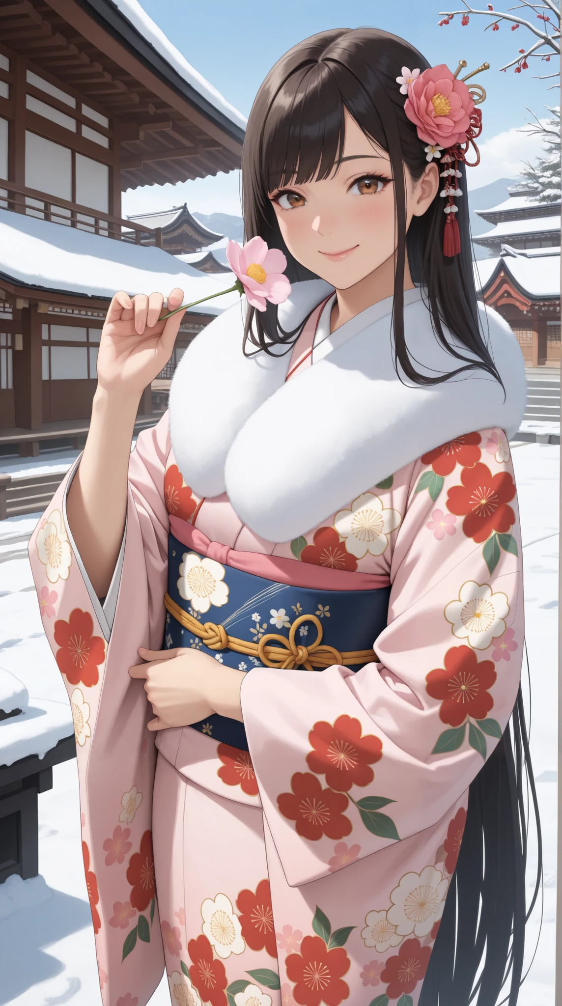 (( best quality )),( super high resolution),( very detailed),( Detailed explanation ),(( best CG )),( Best Works of Art ), Ultra Precision Art, Amazing Painting Art ,( Exact Detailed Art :1.5), woman, gentle gaze, smile, amount, Shiny Super Long Hair, Precise Floral Kimono , Flower blowing snow,