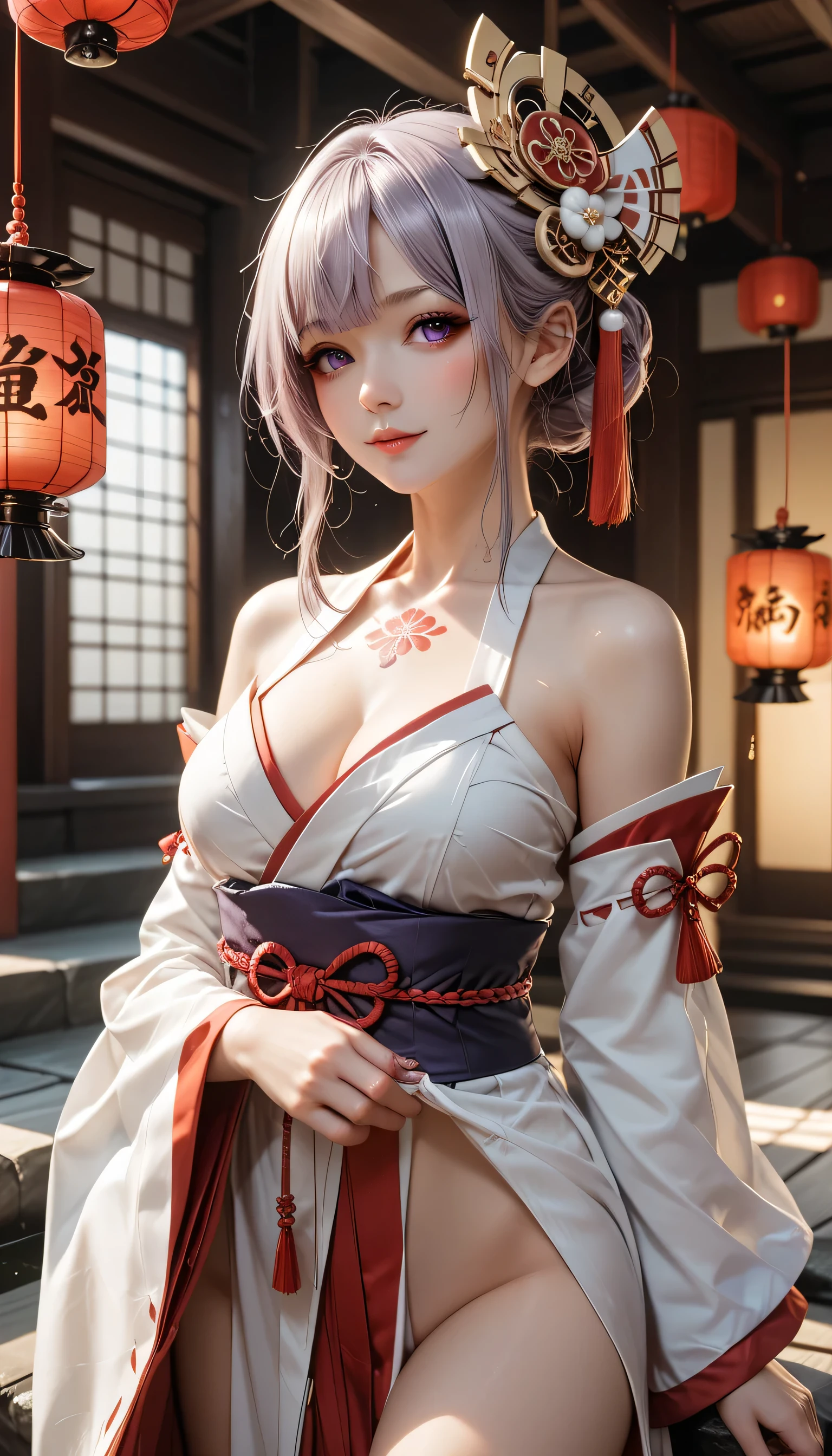 ( best quality :1.4), high resolution, Masterpiece, Details, one beautiful woman, light purple hair , purple eyes, Beautifully detailed face, Beautiful Attention to Details , Mid-chest, beautiful thighs,, hair ornament, (red|White Japanese shrine maiden outfit), detachable sleeve ,, red面,, lantern, shrine,, Details face,