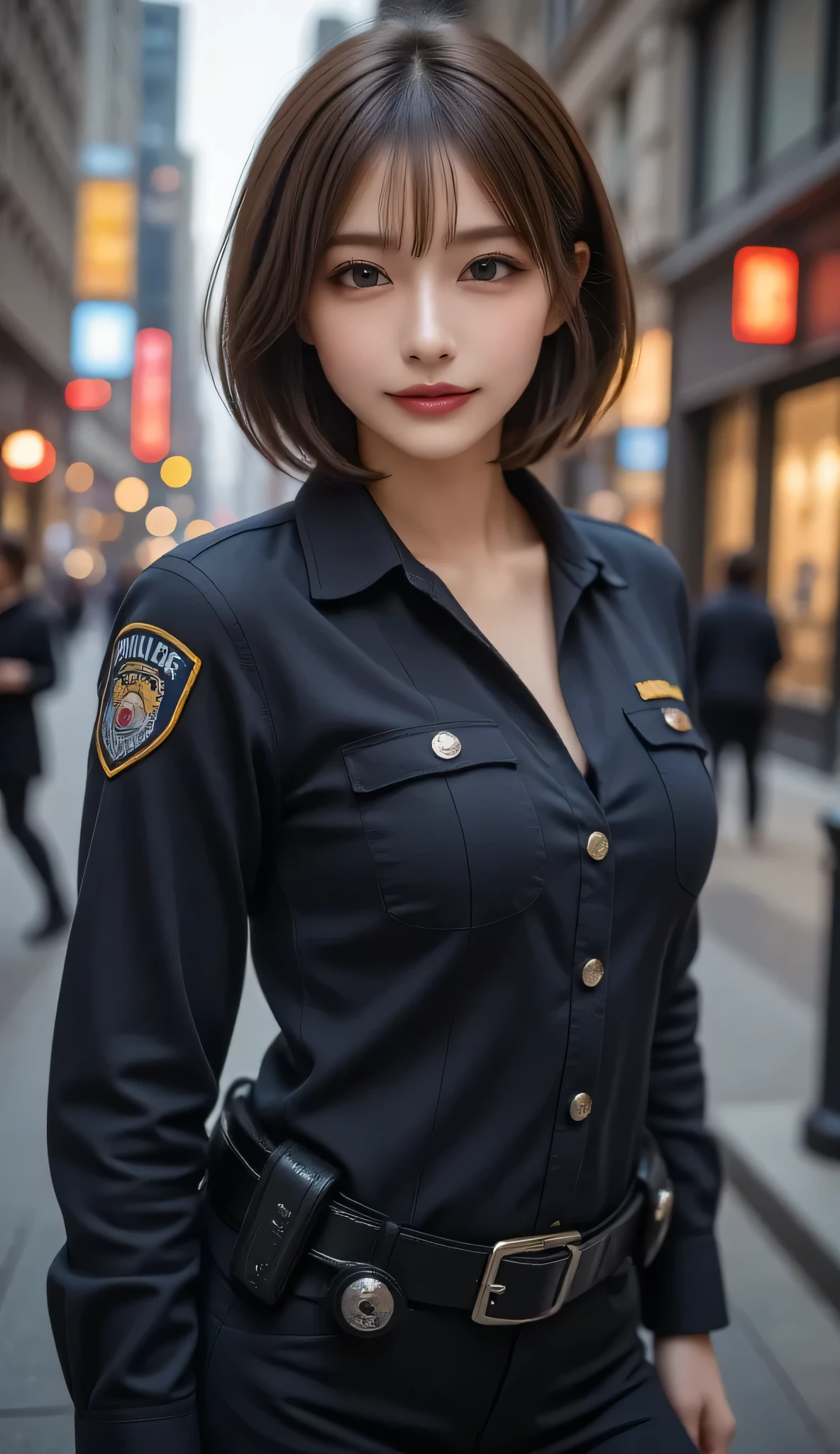 An innocent 20-year-old girl、((Police Girl, Sexy police uniform, skirt, Cute and elegant, Dramatic Pose)),smile,Night city background,short hair、Bobcut、RAW Photos, (8K、Highest quality、masterpiece:1.2)、(Intricate details:1.4)、(Photorealistic:1.4)、Octane Rendering、Complex 3D rendering with ultra-detail, Studio Soft Light, Rim Light, Vivid details, Super Detail, Realistic skin texture, Detailed aspect, Beautiful details in the eyes, Highly detailed CG Unity 16k wallpaper, compensate, (Detailed Background:1.2), Glowing Skin, whole body,Put your hands down、Take off your clothes、Cleavage、squat