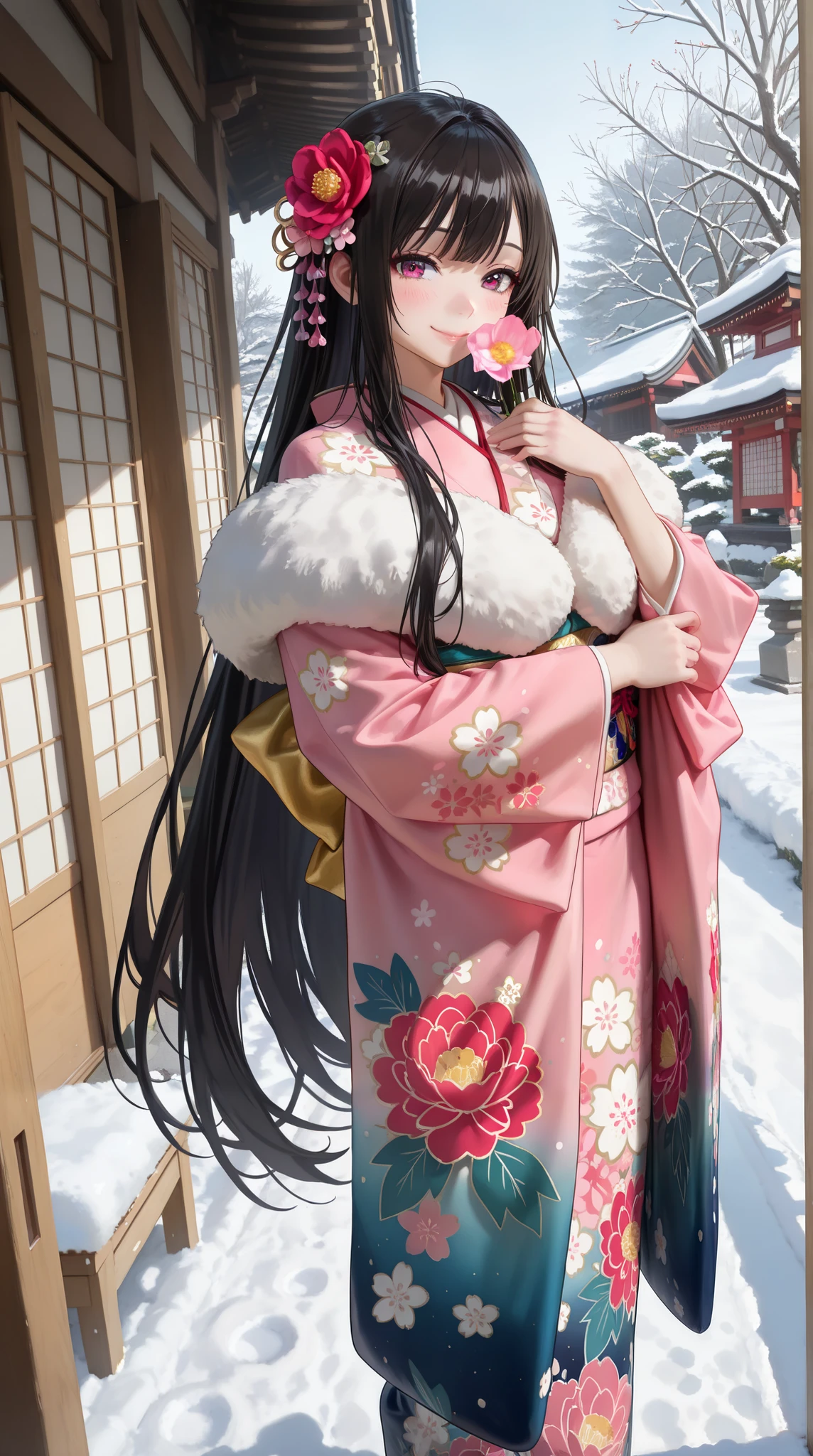 (( best quality )),( super high resolution),( very detailed),( Detailed explanation ),(( best CG )),( Best Works of Art ), Ultra Precision Art, Amazing Painting Art ,( Exact Detailed Art :1.5), woman, gentle gaze, smile, amount, Shiny Super Long Hair, Precise Floral Kimono , Flower blowing snow,