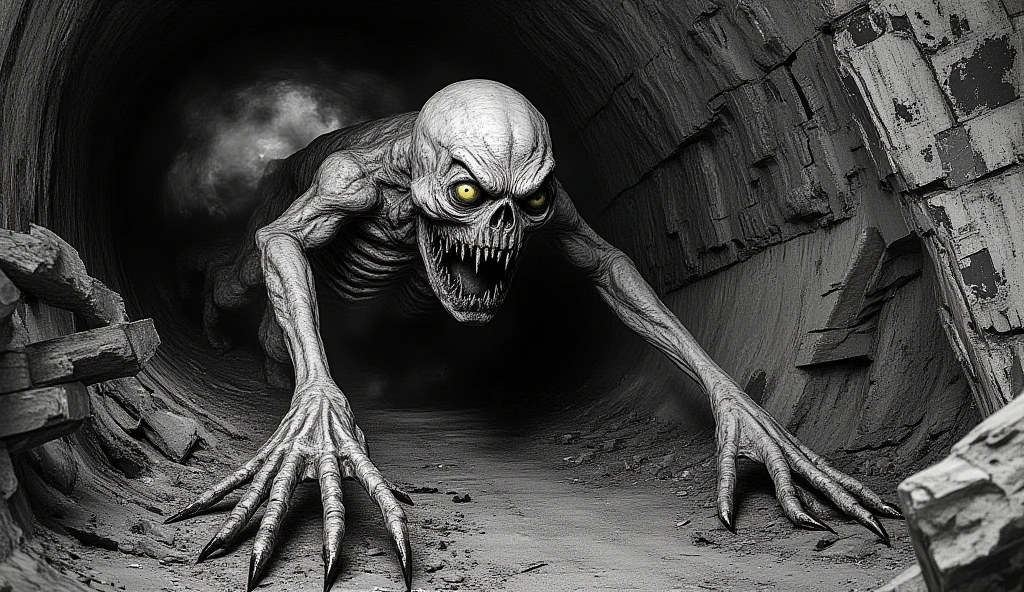 Action shot of terrifying animal entity with large teeth chasing after the viewer, dynamic running, in a decrepit underground tunnel in Hell,  creepy, unnerving, unsettling, terrifying, 80mm, horror lighting, dynamic action,