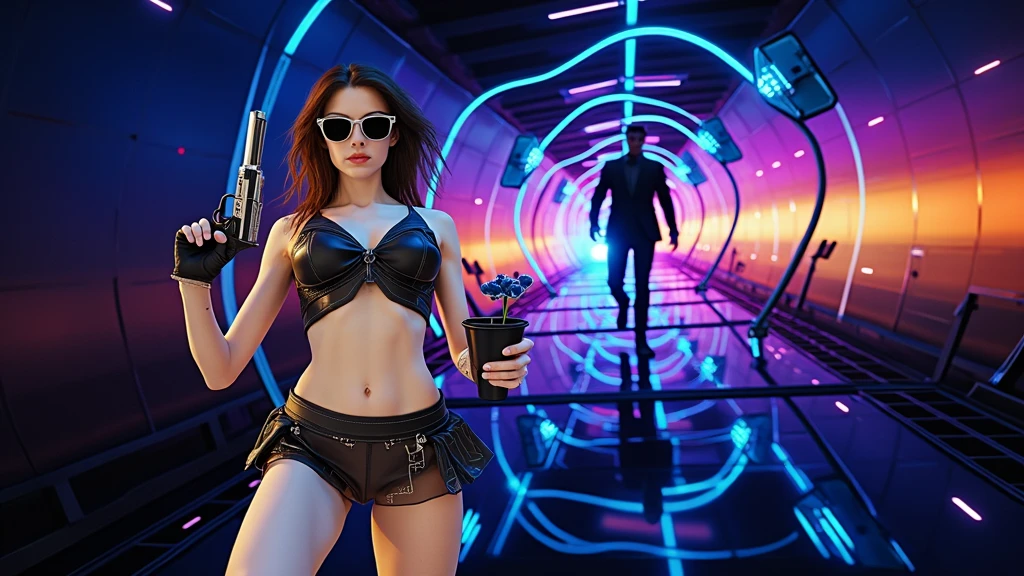 at night, dark sky, 1woman alone, solo, medium-breast:1.2 with cleavage, slim body, standing dynamic pose, (((((pointing short gun at viewer, black sunglasses, headphone))))), (((((half-body (thigh level) medium shot))))), photo realistic. In the background, (((((huge transparent windows with OLED GUI interfaces showing glowing programming code))))).