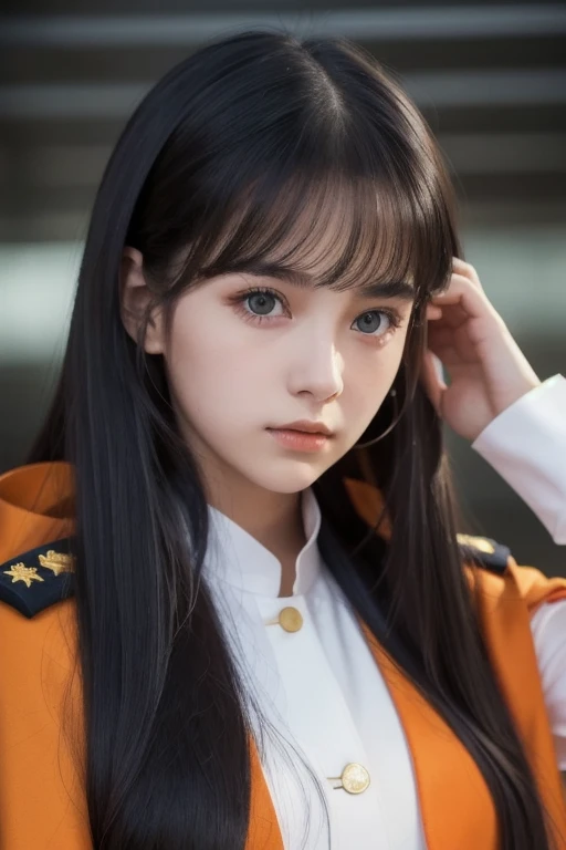 Girl, long soft brown hair, gray eyes, sharp features, white skin, winter uniform