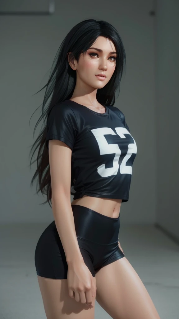 Chinese-Japanese mixed-race high heels jazz dancer model,Black clothes,Black shorts,Black extra-high heels,Black long high heel boots,Super beautiful,fit,Slim abs,long hair,Small waist,beautiful,full-body shot,Clothes are slim-fitting,Smooth lines,The curve is obvious,Long legs,slender legs,beautiful侧面曲线。Wearing a high ponytail,braid,Doing the squatting action