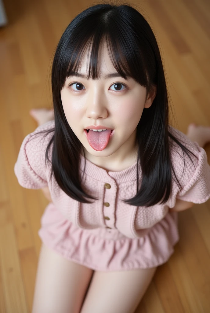 ollarbone,pink t-shirt,off-shoulder look,bare shoulder,Denim mini skirt,open mouth,tongue out,cum on tongue,Black sofa,Kneeling,looking ahead,from above,flont view,face focus,open mouth,tongue out,(1girl,Beautiful 16 year old girl),((Slender,Small breasts,Small face,)),looking at viewer,Black Hair,bangs,Straight Long,Beautiful and detailed,embarrassed,Dimly lit room,Simple Background,Black background,Low lighting