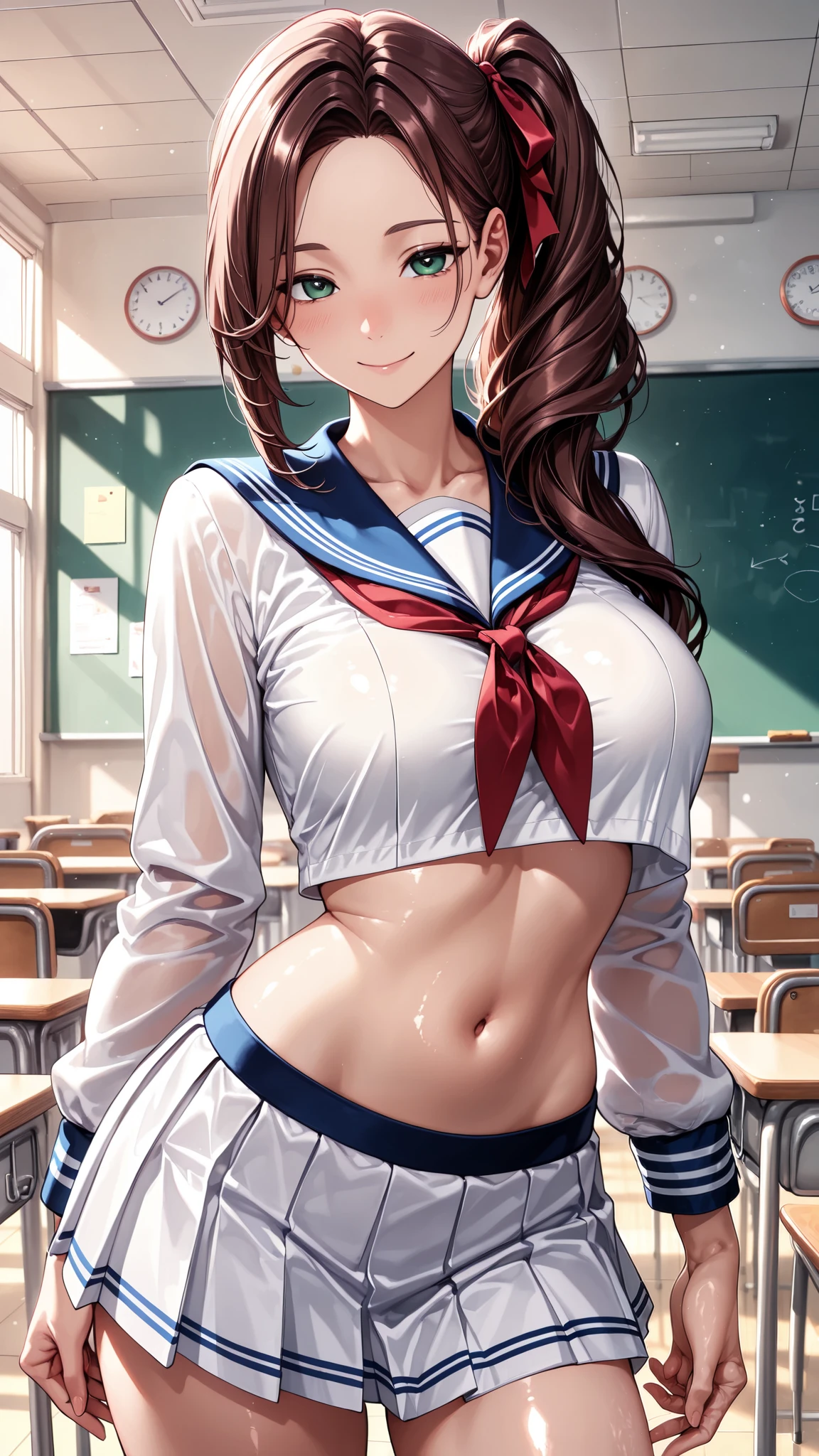 masterpiece, best quality, vibrant, very aesthetic, high contrast, anime style, semirealistic, newest, cinematic-lightning, Enhance colors to maximum saturation, shiny skin, slender, 1woman, cowboy shot, detailed face, detailed eyes, green eyes, slightly smile, semi-long hair, dark brown silky hair, forehead, sliced back hair, side ponytail, contrapposto, navel, Captivating thighs, knee, classroom, (sheer crop top white shirt), sailor suit,blue pleated skirt, red ribbon tie