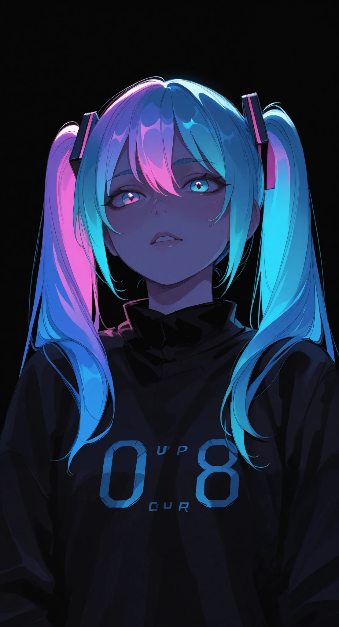 masterpiece, best quality, amazing quality, very aesthetic , super high res,up to date, shocking pictures, Official Art ,Movie perspective, (to:0.5),( Fayo Geno :0.5),( Light and Dark Contrast:0.5), Hatsune Miku,limited palette, black background, colorful, full of energy ,Luminescence outline,neon, black light, looks at the audience,多雾路段,from_side,from_more than, Face Focus ,Wicked_ grins ,Oriented,Luminescence_hair,Brilliant light ,