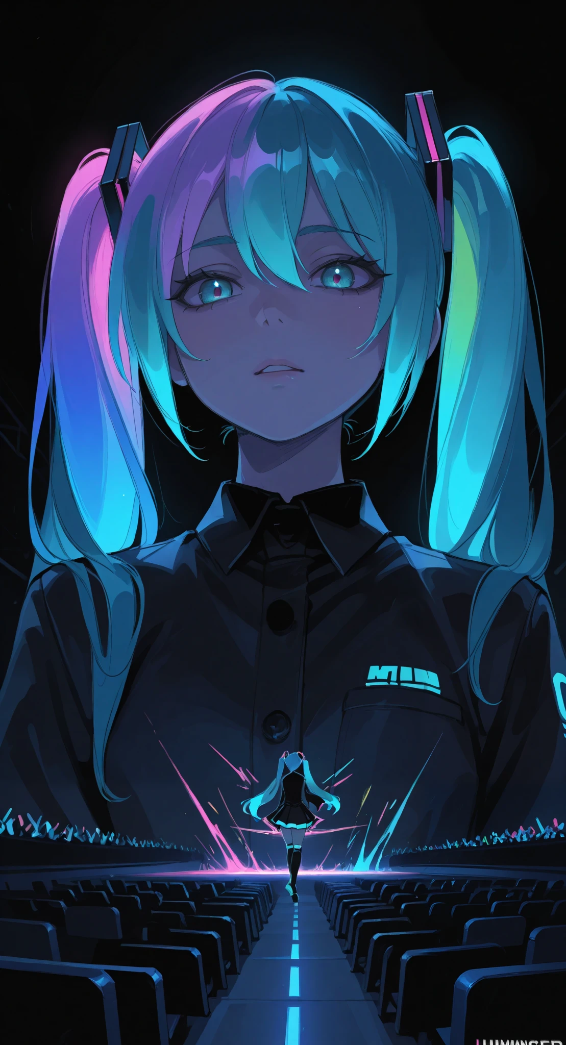 masterpiece, best quality, amazing quality, very aesthetic , super high res,up to date, shocking pictures, Official Art ,Movie perspective, (to:0.5),( Fayo Geno :0.5),( Light and Dark Contrast:0.5), Hatsune Miku,limited palette, black background, colorful, full of energy ,Luminescence outline,neon, black light, looks at the audience,多雾路段,from_side,from_more than, Face Focus ,Wicked_ grins ,Oriented,Luminescence_hair,Brilliant light ,