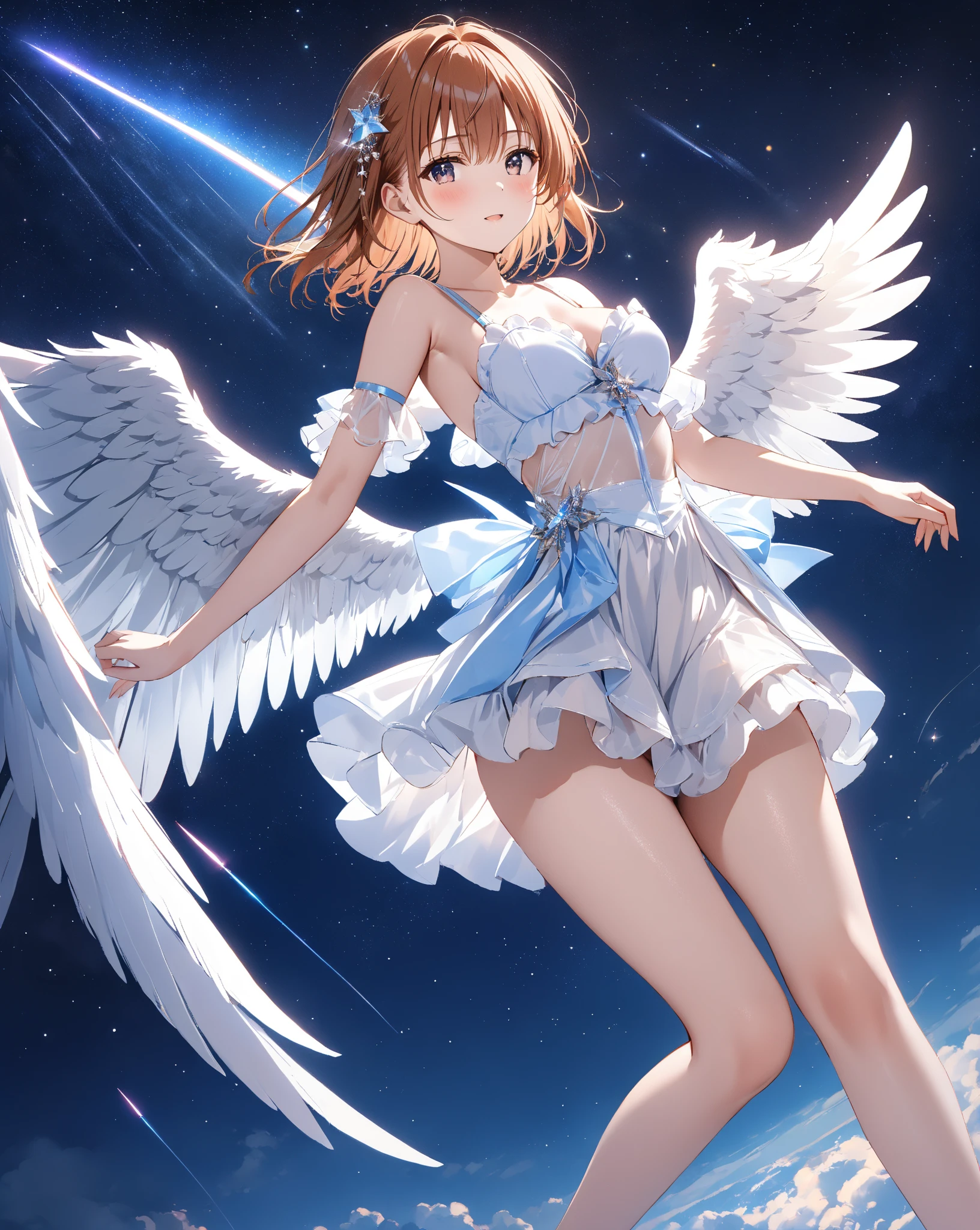 Highest quality,Highest Resolution,Beautiful girl with angry face in maid leotard,Frills,High leg,(((Floating in the air))),Halo,(((universe space))),Milky Way,meteor,Very beautiful eyes,(((White angel wings on the back))),whole body,long hair,(((Shoot a bow))),Knee-high stockings,Floating in the air,