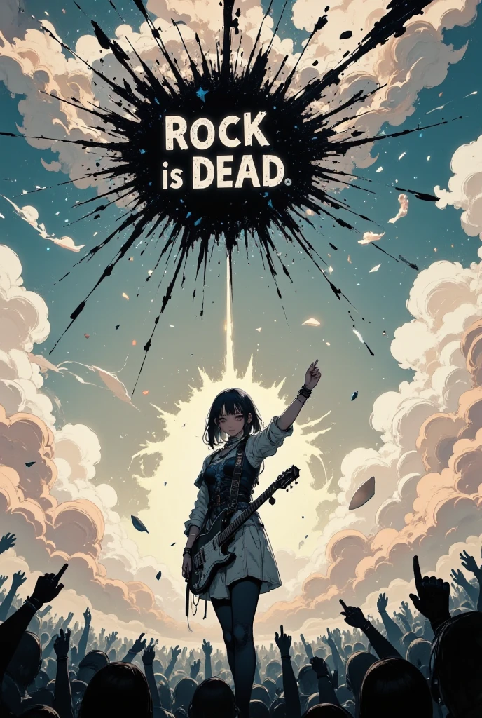 ((((The beautiful sky is shattered and cracking apart like a mirror) and (many sharp pieces of the cracked sky are falling).)(The words “ROCK is DEAD” are written on the messy distorted shaped black dark hole in the shattered sky.))(Underneath, a girl with a beautiful winked smile on her face stands on a live stage holding an electric guitar and holding a rock-and-roll hand sign high in the air, posing.)Shadows of excited audience members with their hands raised can be seen below the stage.newest anime style with rough touch, dutch angle shot from below ground-level)