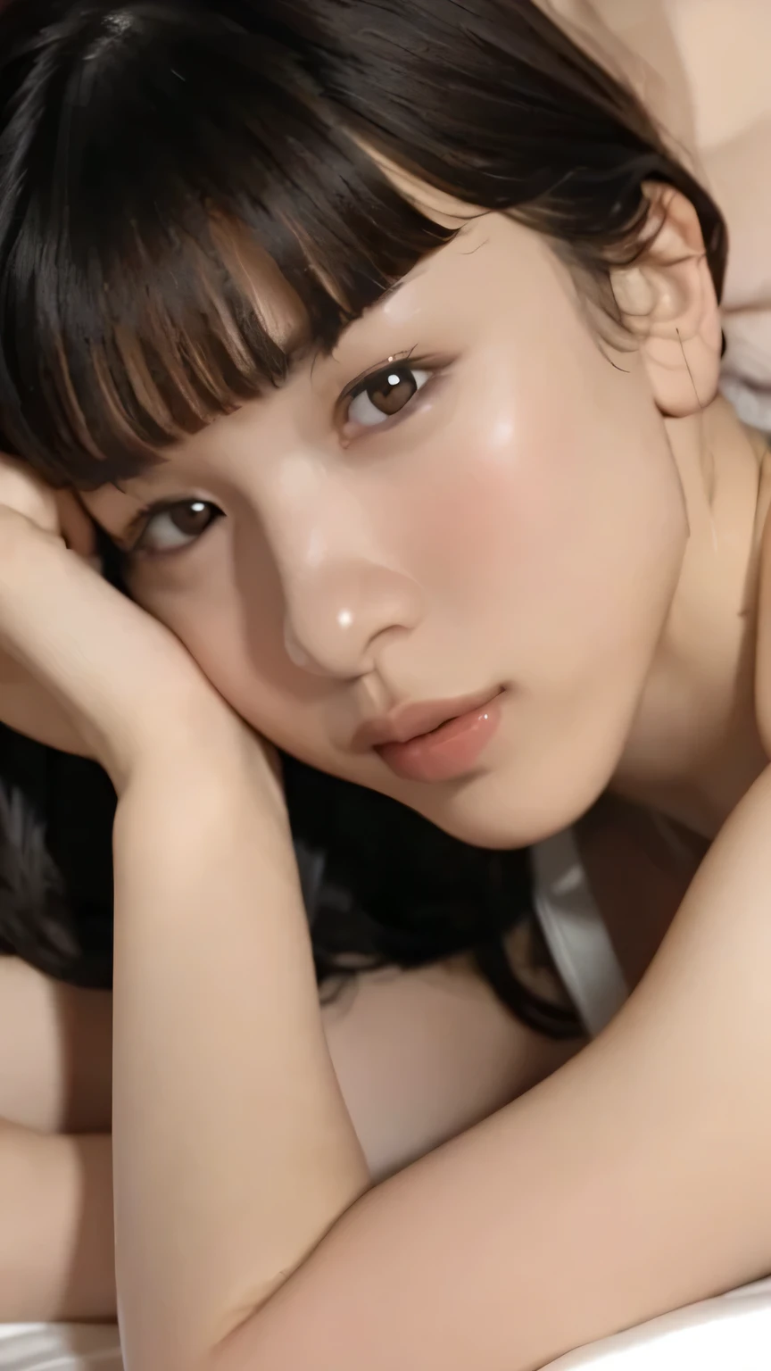 Highest quality, Face Focus, Soft Light, Ultra-high resolution, (Realistic:whole body), RAW Photos, 1 Japanese girl, alone, cute, Beautiful face in every detail, ((Firm and shapely B cup breasts)), (High resolution detail of human skin texture), (Wavy short hair), ((Neat bangs:1.5)), Wear a camisole, Nipples, On the bed、Lying down、((Both arms behind the head)), ((Small and beautiful pink areola)), (Portraiture)