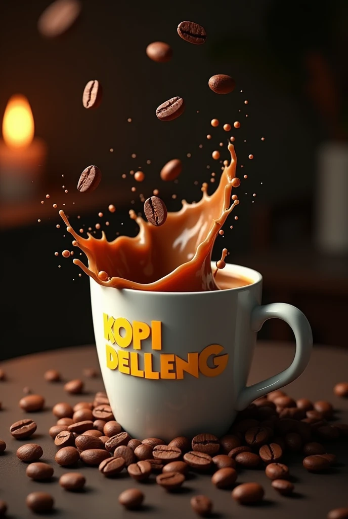 A stunning 3D rendering of a coffee cup, with the coffee inside appearing to explode outwards in a stunning splash. The clearly depicted coffee beans hanging in the air add a dynamic feel to the scene. The white cup features bold, bright yellow “KOPI DELLENG” typography printed on it, enhancing the visual appeal. Around the cup, the dark surface is decorated with additional scattered coffee beans, creating a sense of depth. The dimly lit background suggests an intimate indoor setting, with hints of candlelight or other soft light sources adding depth to the overall composition., typography, 3d rendering
