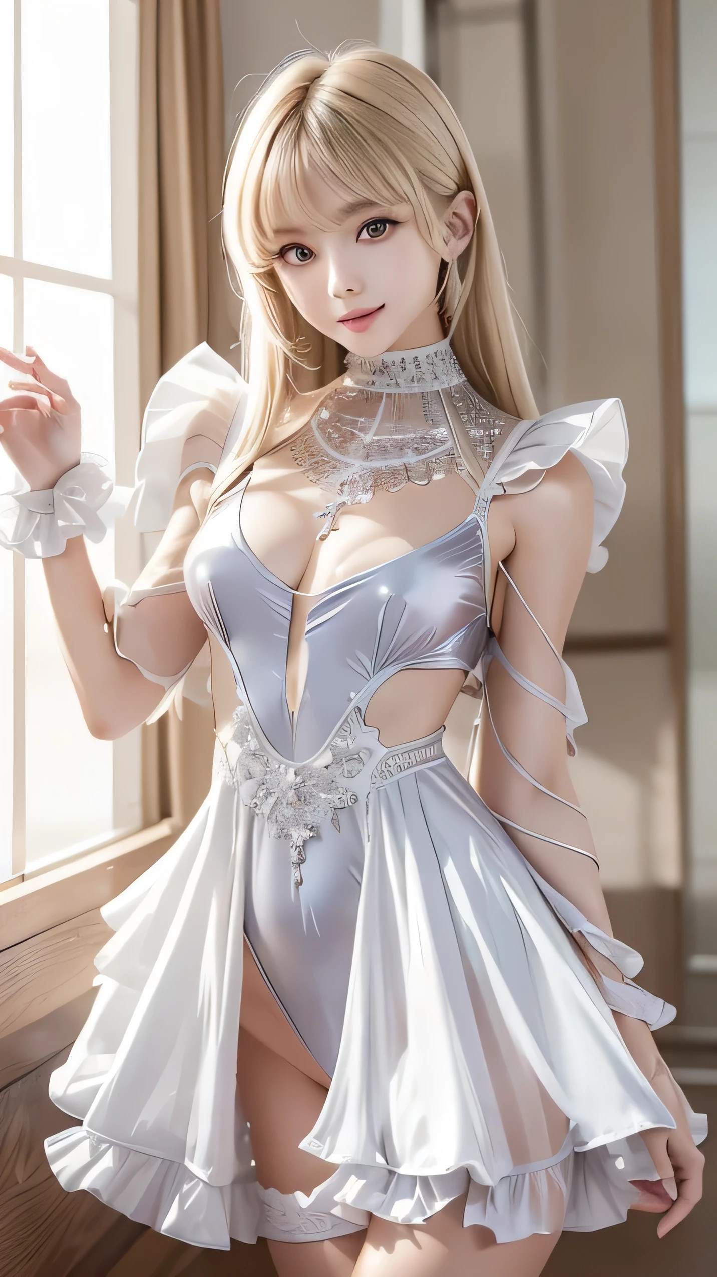 ((1 Girl, Elegant Posture)), Natural leg proportions, Sexy beautiful legs, correct, 解剖学correct, Visible cleavage, masterpiece, Warm colors, (best quality, high resolution, masterpiece:1.2), Extremely detailed, (Practical, photoPractical, photo-Practical:1.37), Official Art, CG, 解剖学上correct, Cool action,Long blond hair,Smile,Elegant Posture, Sexy pose, Seductive expression, Sexual expression,Colorful color scheme,Trendy clothing,Columnar plaque background,Geometric pattern stitching background, Movie, photography, Intricate background, Soft lighting, Subtle shadows, Vibrant colors, Expressive eyes, beautiful, Luxury boutiques, environment, Moments of honesty, Natural expression, Detailed texture, Fine details, Refined and elegant, Exquisite style, Artistic Composition, beautifully presented.