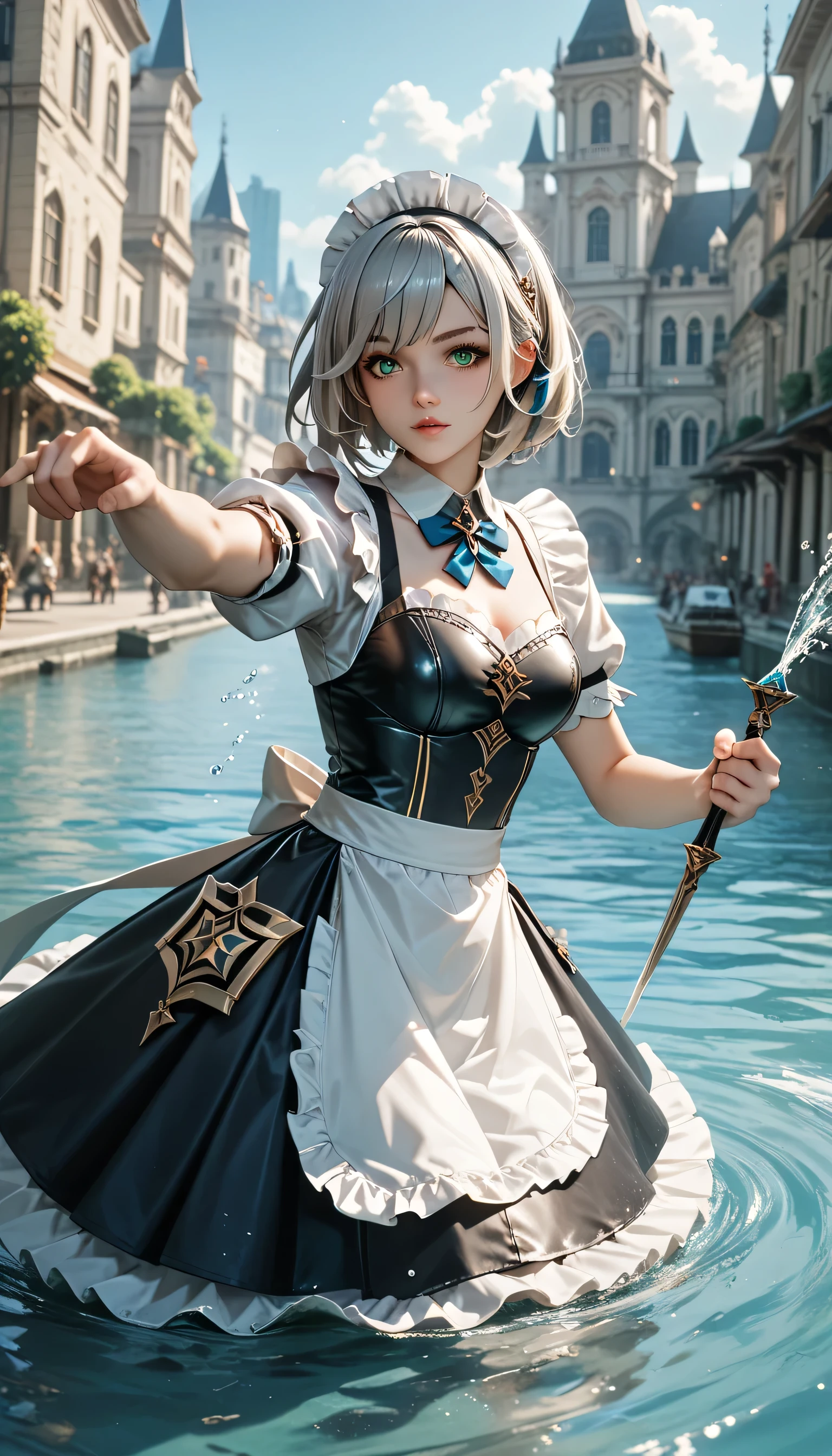 Anime girl with white hair and purple eyes, screenshot of Black Clover, anime character, female anime character, Best Anime Character Design, as an anime character, water armor, emm standing posing, looking at the camera, Anime Noelle Silva Black Clover.