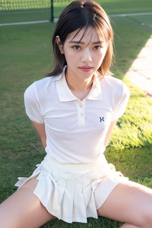 (8K, Highest quality, masterpiece: 1.2), (Realistic, photoRealistic: 1.2), sitting, (Panty shot)))), (Spread your legs)))), alone, Beautifully defined skies, night, Wet, Observe the audience, (sit: 1.5), date, future, (Nose brush), smile, Beautiful breasts, Beautiful Eyes,), (Dark Blonde: 1), (short hair :1.1), Panty shot, Spread your legs, skirt, , White panties, socks, Black Hair, shirt, Blurred, Blurred background, Knee-length, 白のshirt, loafers, Realistic, Long Hair, lips, Brown eyes, 黒いsocks, tie, プリーツskirt, bow, Headrest, landscape, Outdoor, Brown footwear, masterpiece, Highest quality, Very detailed, ((((Panty shot))), (((Spread your legs))),