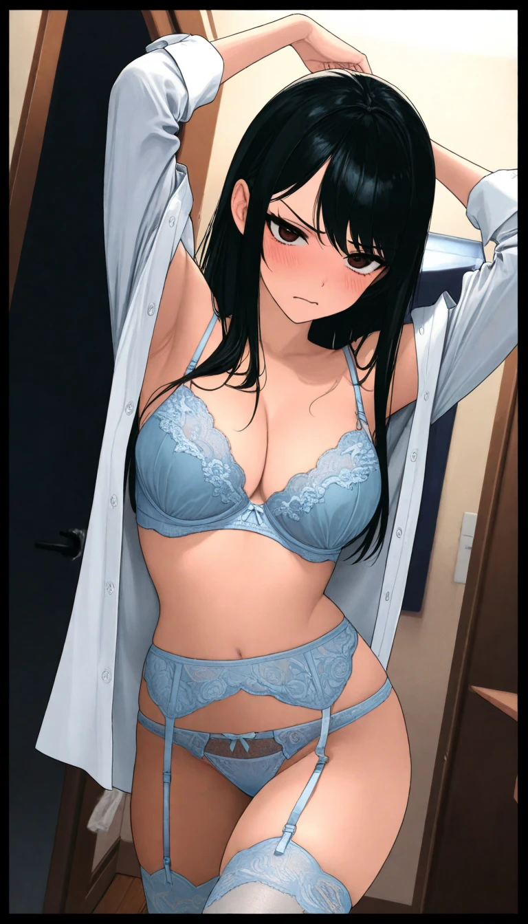((8K resolution))、((Highest quality))、((masterpiece))、((Very detailed))((((dramatic))), (Anatomically correct)、The depth of the object to write、spycam、(Fumika Washizawa、high school girl、Fair skin、Earrings、shirt、bra、Panties)、locker room