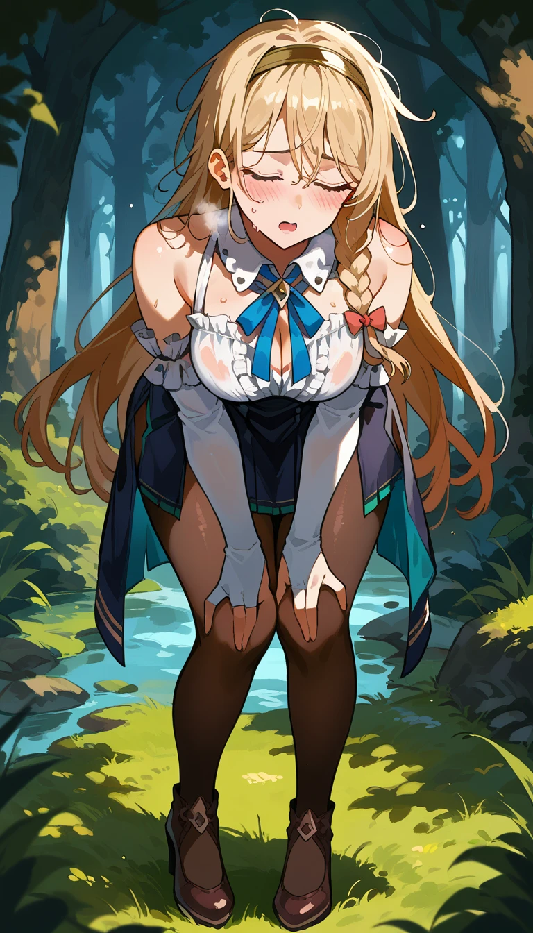 Masterpiece, best quality, high resolution, cowboy shot, (Ingrid), hair pods, gloves, skirts, (((panties under pantyhose))), bows, dresses, (leg lift, imminent vaginal, sex, 1man), (nsfw:1.4), aroused, closed eyes, open mouth, (blush), ((nature))