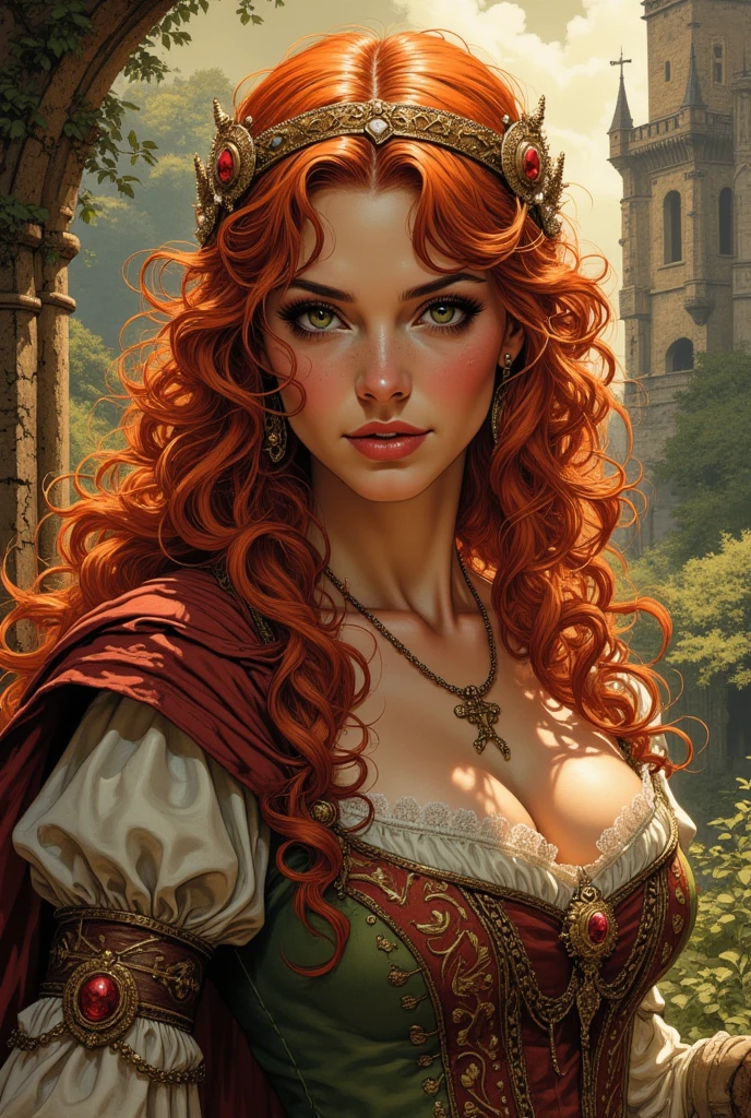 African American Vampiress, Queen of Dracula, Bridgerton style, Regency era in England translucent and iridescent green gown, Elena, long curly red hair, pale brown skin, curvey build and golden brown eyes, insanely detailed matte painting with rough paint strokes and textures, a painting of an red haired woman, by John Howe, Alan Lee, Boris Vallejo, Julie Bell, Todd Lockwood