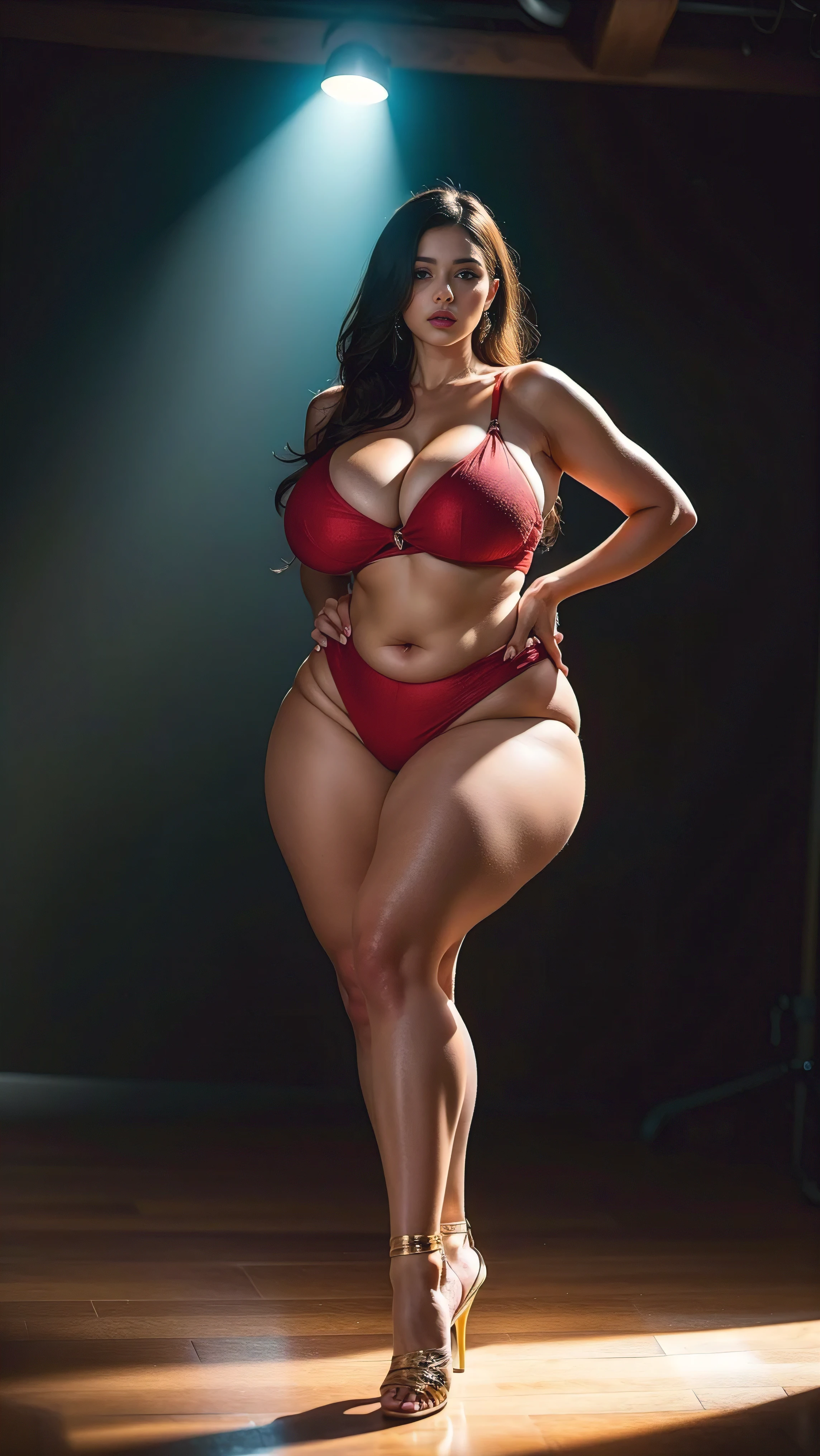 Best quality, masterpiece, meticulous detail, photorealistic, high res, 8k raw photo, full body, hot beautiful busty woman (brunette hair, undies), big breast, big ass, big hips, long leg, sexy, blushing, sensual, flawless white skin, smile